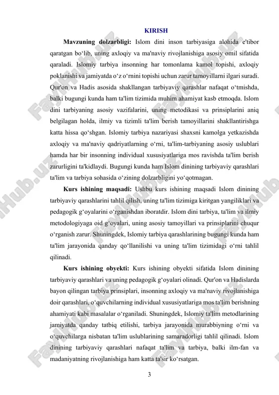 ko‘ra, inson fitratiga ko‘ra pok holda yaratiladi va unga berilgan qobiliyatlar to‘g‘ri yo‘naltirilsa, u yuksak axloq sohibi bo‘lishi mumkin. tarbiyaning asosiy g‘oyaviy poydevori qur’ondagi ta’limotlar va payg‘ambar muhammadning o‘gitlariga asoslanadi. qur’onda inson ilm olishga, odobli va insofli bo‘lishga undalgan. tarbiya jarayonida mehr-oqibat, sabr, halollik va adolat kabi fazilatlar alohida o‘rin tutadi. payg‘ambar muhammadning hayoti esa tarbiyaning amaliy namunasi sifatida qaraladi, chunki u insonlarga nafaqat bilim o‘rgatgan, balki o‘z xulqi bilan ularga namuna bo‘lgan. islom falsafasida tarbiya nafaqat bolalik davrida balki inson umrining har bir bosqichida davom etuvchi jarayon sifatida qaraladi. shaxs kamoloti nafaqat oilada, balki jamiyatda, maktabda va diniy muassasalarda ham shakllanadi. oilaning tarbiyadagi roli nihoyatda muhim bo‘lib, ota-onalar farzandlariga faqat moddiy ta’minot bilan emas, balki axloqiy va ma’naviy yetuklik bilan ham g‘amxo‘rlik qilishi lozim. tarbiyaning asosiy maqsadi insonni mukammal axloq sohibi qilishdir. islomda bu mukammallik qur’ondagi "insonlarning eng yaxshisi boshqalarga foydali bo‘lgandir" degan tamoyil asosida belgilanadi. demak, haqiqiy tarbiya …