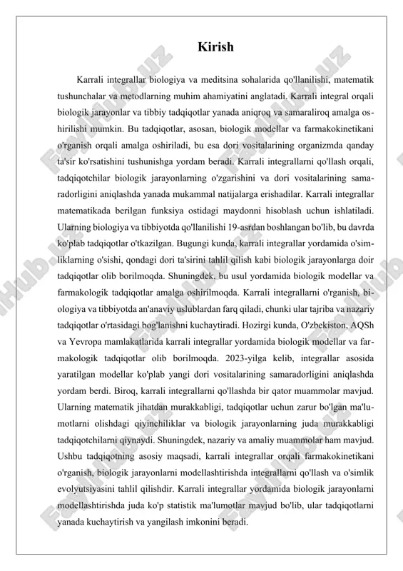 gi haqida ma'lumot beradi. bu jarayonlarni modellashtirish uchun, dori moddasining taqsimlanish kinetikasi, ya'ni dori moddasining turli to'qimalarga kirish va chiqish tezligi kabi parametrlar hisobga olinadi. karrali integrallar yordamida bu parametrlar o'rganilib, dori ta'sirining samaradorligi va xavfsizligi haqida aniqroq xulosalar chiqarish mumkin. farmakokinetik modellarni yaratish uchun karrali integrallarni ishlatishning yana bir muhim jihati, dori moddasining metabolizmini o'rganishdir. dori organizmda metabolizmga uchraganda, uning kimyoviy tarkibi o'zgaradi va bu jarayonda turli metabolitlar hosil bo'ladi. karrali integrallar orqali ushbu metabolitlarning vaqt bo'yicha konsentratsiyasi ham tahlil qilinadi, bu esa dori vositasining metabolizm jarayonini to'liq tushunishga yordam beradi. karrali integrallar yordamida farmakokinetikani o'rganish, shuningdek, dori vositalarining chiqarilishi jarayonini ham o'z ichiga oladi. dori vositasining organizmdan chiqarilishi, asosan, buyraklar yoki jigarda amalga oshiriladi. bu jarayonlar ham karrali integrallar orqali modellashtirilishi mumkin, bu esa dori vositasining organizmdan chiqarilish tezligini va uning vaqt o'tishi bilan o'zgarishini ko'rsatadi. kelajakdagi tadqiqotlar uchun karrali integrallarni qo'llash, farmakokinetik tadqiqotlar uchun yangi imkoniyatlarni yaratadi. …