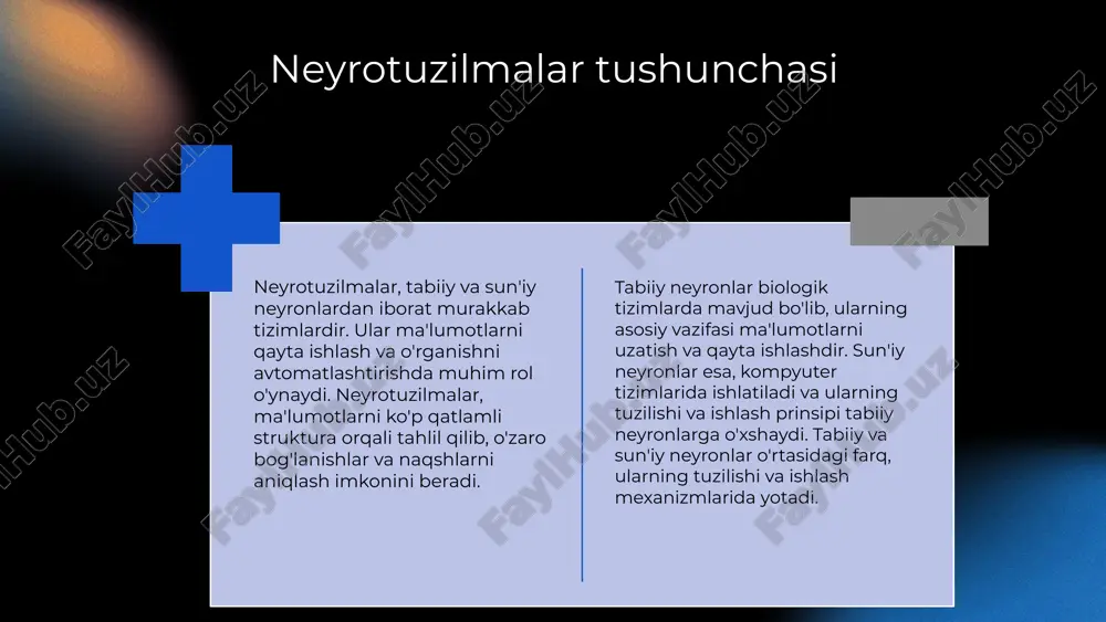 malar marketing, tibbiyot va boshqa sohalarda muvaffaqiyatli qo'llaniladi. o'zgaruvchan sharoitlarda o'zgaruvchan sharoitlarda tez va samarali qaror qabul qilishni ta'minlaydi. kelajak istiqbollari intellektual tizimlar kelajakda yanada rivojlanib, yangi imkoniyatlar yaratadi. neyrotuzilmalar orqali o'rganish jarayoni • neyrotuzilmalar o'rganish jarayonini tezlashtiradi va aniqligini oshiradi. • o'rganish jarayonidagi muhim qadamlar: ma'lumotlar yig'ish, tahlil qilish va o'qitish. • yuzaga keladigan muammolar: ortiqcha ma'lumot va noto'g'ri tasniflash. hal etish usullari: ma'lumotlarni optimallashtirish va algoritmlarni yaxshilash. photo by thisisengineering on unsplash sun'iy neyronlarning kelajagi sun'iy neyronlar rivojlanishi texnologiyalar sohasida inqilobiy o'zgarishlarni keltirib chiqaradi. ular murakkab ma'lumotlarni qayta ishlash va o'rganish qobiliyatiga ega bo'lib, inson miyasi faoliyatini taklif etadi. neyronlarning rivojlanishi sun'iy intellekt va mashinasozlikda yangi ufqlarni ochadi. kelajakda sun'iy neyronlar quyidagi sohalarda keng qo'llanilishi kutilyapti: 1. tibbiyot: kasalliklarni aniqlash va davolashda yordam. 2. transport: avtomatik boshqaruv tizimlari va xavfsizlikni oshirish. 3. ta'lim: individual o'quv dasturlari va ta'lim jarayonlarini optimallashtirish. 4. ishlab chiqarish: samaradorlikni oshirish uchun avtomatlashtirish. innovatsion …