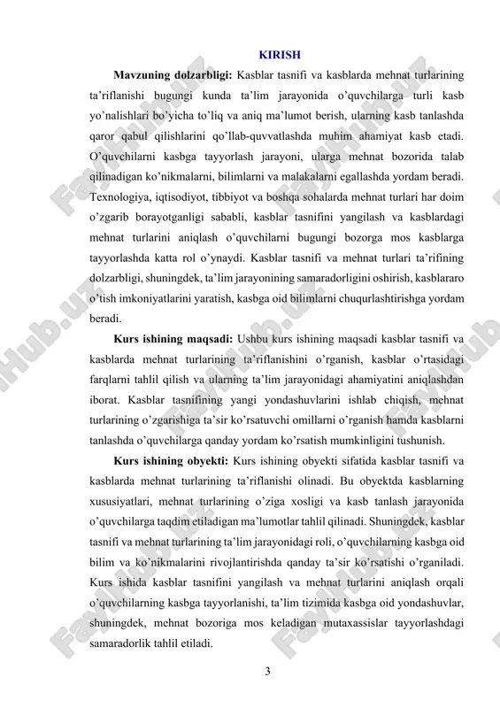 i sohalarda kasblar jamiyatning turli ehtiyojlarini qondirishga xizmat qiladi. tibbiyot kasblari odamlar salomatligini saqlash va tiklashda muhim rol o'ynaydi, ta'lim kasblari esa jamiyatning bilimli va ma'naviy jihatdan taraqqiy etgan avlodini tayyorlashda beqiyos ahamiyatga ega. qurilish sohasidagi kasblar esa jamiyatning infratuzilmasini yaratish va rivojlantirishga xizmat qiladi. shu bilan birga, texnologiya kasblari hayotimizning har bir sohasida innovatsiyalar yaratish va yangiliklarni joriy etishga yordam beradi. kasblarning tasnifi esa ularning xususiyatlari va talablariga asoslanadi. kasblar tasnifi o’z navbatida ularning ijtimoiy ahamiyatini belgilashda muhim rol o’ynaydi. kasblar odatda ijtimoiy va iqtisodiy mehnat taqsimotiga asoslanib tasniflanadi. bu tasniflash jarayonida kasblar quyidagi asosiy guruhlarga bo’linadi: intelektual kasblar, amaliy kasblar, xizmat ko'rsatish kasblari va san’at va madaniyat kasblari. kasblar tasnifi ijtimoiy ehtiyojlar, iqtisodiy rivojlanish va texnologik o'zgarishlarga qarab o'zgarib boradi. shu sababli kasblarning ijtimoiy ahamiyati ham har doim yangilanib turadi. har bir kasb jamiyatda o'zining ijtimoiy vazifalarini bajaradi va jamiyatni rivojlantirishda o'z o'rnini egallaydi. kasblar tasnifi va ijtimoiy …