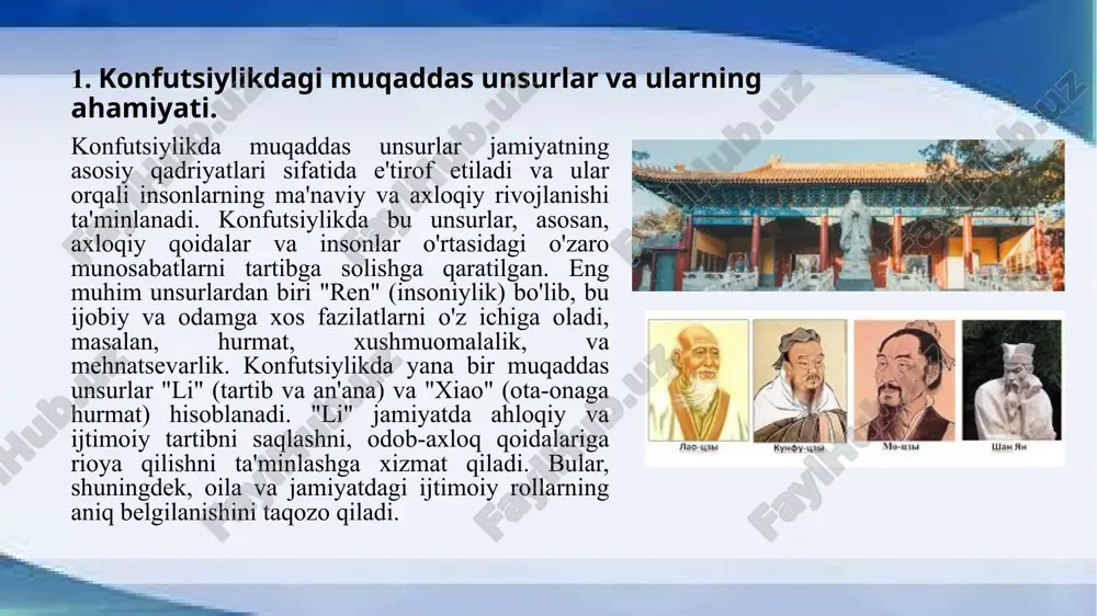 lari shaxsni ma'naviy jihatdan tarbiyalashga qaratilgan. konfutsiylikda ezozlash, shaxsning ijtimoiy va axloqiy rivojlanishiga yordam beradi. bu amallar orqali inson o'zining axloqiy mas'uliyatini his qiladi va jamiyatda o'z o'rnini to'g'ri anglaydi. ezozlash amallari, shuningdek, jamiyatda yuqori darajadagi fazilatlarni targ'ib qilish, masalan, sabr-toqat, xushmuomalalik va adolatga e'tibor qaratishni maqsad qilgan. konfutsiylikda ezozlash amallari jamiyatdagi axloqiy qadriyatlarni mustahkamlash va o'zaro hurmatni rivojlantirishga qaratilgan muhim amaliyotlardir. ezozlash, odatda, turli marosimlar, rituallar va harakatlar orqali amalga oshiriladi, bu esa insonlar orasidagi aloqalarni yaxshilashga yordam beradi. konfutsiylikda ezozlashning asosiy maqsadi – ijtimoiy tartibni saqlash, o'zaro hurmatni oshirish va individual axloqiy fazilatlarni rivojlantirishdir. birinchidan, ezozlash amallarining asosiy maqsadi jamiyatda ijtimoiy muvozanatni saqlashdir. konfutsiylikda har bir insonning jamiyatdagi o'rni va roli aniq belgilangan, va ezozlash orqali bu o'rinlarni hurmat qilish muhim hisoblanadi. ezozlash orqali, kattalarga, ustozlarga va ota-onaga bo'lgan hurmat namoyon etiladi. bu amallar, o'z navbatida, jamiyatdagi o'zaro munosabatlarni mustahkamlashga yordam beradi va ijtimoiy tinchlikni ta'minlaydi. 3. konfutsiylikda …