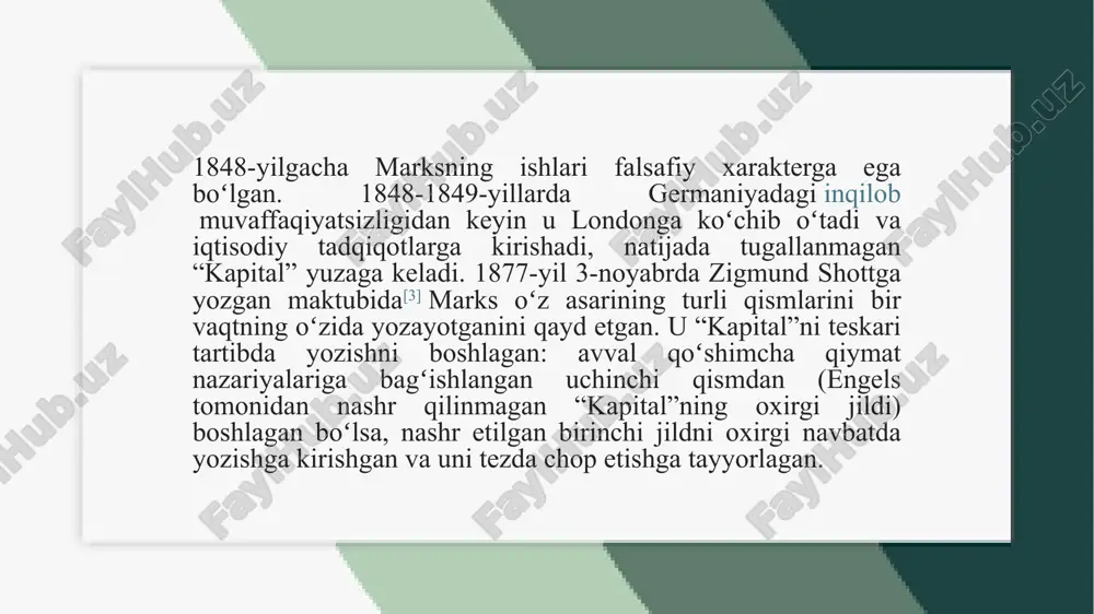 tsialistik va kommunistik harakatlarning nazariy poydevori bo‘lib xizmat qilgan. ushbu kitob leninning inqilobiy g‘oyalarini shakllantirishda, shuningdek xx asrning ko‘plab sotsialistik davlatlari iqtisodiy siyosatida muhim rol o‘ynagan. karl marksning "kapital. siyosiy iqtisodning tanqidi" asari iqtisodiyot va sotsializm nazariyasida muhim o‘rin tutadi. bu asar kapitalistik jamiyatning iqtisodiy asoslarini tahlil qiladi va uning ichki ziddiyatlarini ochib beradi. kitobning asosiy maqsadi kapitalistik ishlab chiqarish tizimining qanday ishlashini, uning qonuniyatlarini va oxir-oqibat qanday inqirozga yuz tutishini ilmiy asosda tushuntirishdir. "kapital" tovar va pul munosabatlari, qo‘shilgan qiymat nazariyasi, kapitalning aylanishi va jamg‘arilishi, foyda normasi, yer rentasi, monopoliyalar va iqtisodiy inqirozlar kabi mavzularni qamrab oladi. marks kapitalizmni tahlil qilishda ishchilar tomonidan yaratilgan qiymatning kapital egalari tomonidan qanday tortib olinishi va bu jarayon natijasida sinflar o‘rtasidagi ziddiyat qanday shakllanishini ko‘rsatib beradi. etiboringiz uchun rahmat! image1.png image2.png image3.png image4.png