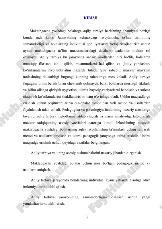 ini yangi bosqichga olib chiqishi va ta’lim sifati yaxshilanishiga xizmat qilishi kutiladi. bugungi globallashuv sharoitida bolalarning mantiqiy va ijodiy fikrlash qobiliyatlarini rivojlantirish milliy ta’lim tizimining ustuvor yo‘nalishlaridan biriga aylangan. ta’lim jarayonida interaktiv metodlar, multimedia texnologiyalari va individual yondashuvlarning ahamiyati ortib bormoqda. shuning uchun, maktabgacha yoshdagi bolalarga aqliy tarbiya berishning innovatsion yondashuvlarini ishlab chiqish va ularni amaliyotda sinab ko‘rish bugungi kun uchun nihoyatda dolzarbdir. ushbu tadqiqot nazariy asos sifatida pedagogika va psixologiyaning fundamental tamoyillariga tayanadi. xususan, lev vygotskiyning ijtimoiy-madaniy rivojlanish nazariyasi, jean piagetning kognitiv rivojlanish bosqichlari va montessori uslubining amaliyotdagi qo‘llanilishi tadqiqotning asosiy yo‘nalishlarini belgilaydi. shuningdek, bolalarning rivojlanishiga ta’sir etuvchi zamonaviy texnologiyalar va innovatsion yondashuvlar ham diqqat markazida bo‘ladi. i bob. aqliy tarbiya berishning usullari va metodlari 1.1. aqliy tarbiyaning ta'rifi aqliy tarbiya maktabgacha yoshdagi bolalarning intellektual rivojlanishiga qaratilgan jarayon bo‘lib, ularning fikrlash, muammoni hal qilish, tahlil qilish va ijodiy yondashuv ko‘nikmalarini shakllantirishni o‘z ichiga oladi. ushbu jarayon bolalarning bilim olishga …