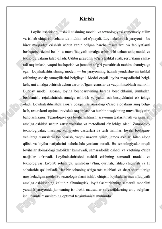 htirish jarayoni samarali amalga oshirilishi uchun loyiha boshqaruvchisi yoki jamoasi tomonidan aniq va batafsil reja tuzilishi kerak. reja tuzish jarayonida loyiha maqsadlariga erishish uchun zarur bo'lgan barcha resurslar, jumladan vaqt, moliya, inson resurslari va materiallar belgilanishi kerak. resurslar orasida har bir bosqich uchun vaqt chegaralari va mas'uliyatlar taqsimlanadi. reja tuzish davomida loyiha samaradorligini ta'minlash uchun barcha zaruriy xavflar va risklar ham hisobga olinishi kerak. reja tuzish, shuningdek, loyiha ishtirokchilari o'rtasidagi aniq aloqa va hamkorlikni ta'minlash uchun zarur bo'lgan kommunikatsiya kanallarini belgilaydi. uchinchi bosqich — bu loyihani amalga oshirish va bajarishdir. reja tuzilganidan so'ng, loyiha amalga oshirilishi boshlanganida, barcha resurslar va jamoa a'zolarining harakati reja asosida bajarilishi kerak. loyiha amalga oshirilayotgan paytda barcha faoliyatlar muvofiq ravishda rejalashtirilgan muddatlarda va belgilangan byudjet doirasida amalga oshirilishi kerak. ushbu bosqichda loyiha boshqaruvchilari jamoa a'zolarini muvofiqlashtiradi va ishlarning o'z vaqtida bajarilishini ta'minlashga harakat qiladi. loyihani amalga oshirish jarayonida yuzaga keladigan kutilmagan holatlar va muammolarni hal …