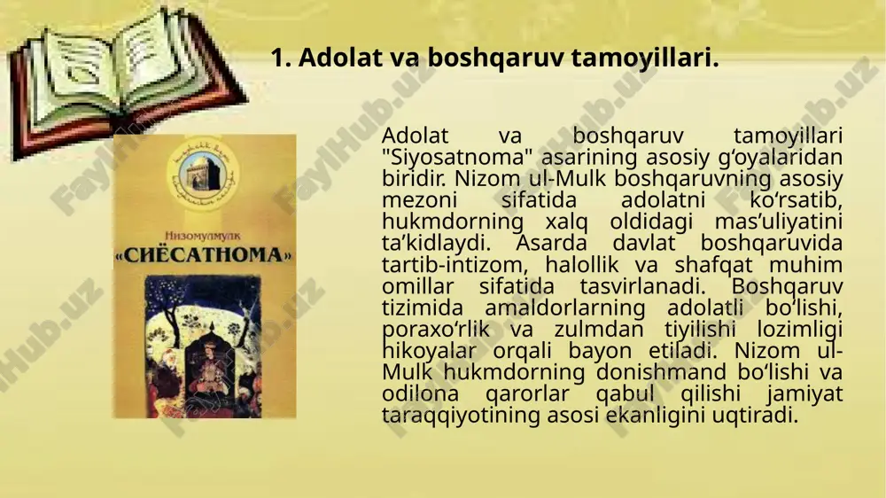 . shuningdek, yolg‘on, xiyonat, poraxo‘rlik va zulmning halokatli oqibatlari yoritiladi. hikoyalar misolida odob-axloqning jamiyat hayotidagi o‘rni, odil va aqlli boshqaruvchilar qanday muvaffaqiyatlarga erishishi, nopok amaldorlarning esa oxir-oqibat jazoga duchor bo‘lishi tasvirlanadi. ushbu hikoyalar nafaqat hukmdorlar, balki oddiy odamlar uchun ham muhim saboqlarni o‘z ichiga oladi. hikoyalarning axloqiy va tarbiyaviy ahamiyati "siyosatnoma" asarida jamiyatning ma’naviy yetukligi va boshqaruv tizimining barqarorligi uchun muhim omil sifatida tasvirlanadi. nizom ul-mulk hikoyalar orqali halollik, adolat, vafodorlik va mehr-oqibat kabi qadriyatlarning ahamiyatini yoritadi. u inson axloqiy jihatdan yuksak bo‘lsa, jamiyatda ham tartib va farovonlik hukm surishini ta’kidlaydi. asarda yovuzlik, xiyonat va manfaatchoklikning qanday oqibatlarga olib kelishi hayotiy misollar orqali ko‘rsatiladi. hikoyalarda ezgulik va adolat g‘alaba qilishi, nohaqlik esa jazolanishi aks ettiriladi. bu esa nafaqat hukmdorlar, balki oddiy insonlar uchun ham ibrat va saboq bo‘lib xizmat qiladi. etiboringiz uchun rahmat! image1.jfif image2.jpeg image3.jpeg image4.jpeg