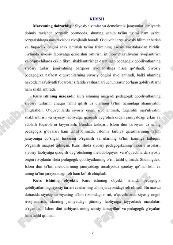 afiy asoslar pedagogik qobiliyatning falsafiy asoslari ta'limning umumiy maqsadi va uning jamiyatdagi o‘rni haqida falsafiy qarashlarni o‘z ichiga oladi. falsafiy nuqtai nazardan, ta'lim jarayoni faqat ilmiy bilimlarni o‘rgatish bilan cheklanmaydi, balki insonni ma'naviy va axloqiy jihatdan shakllantirishga xizmat qiladi. ta'lim orqali insonning ongini, fikrlash tarzini, qadriyatlarini rivojlantirish, uning ijtimoiy mas'uliyatini oshirish maqsad qilinadi. pedagogik qobiliyatni o‘rganishda falsafiy yondashuvlar nafaqat ta'limning nazariy asoslarini, balki uning jamiyatdagi roli va o‘quvchilarning hayotidagi o‘rnini ham hisobga olishni talab qiladi. pedagogik faoliyatning falsafiy asoslari ta'lim jarayonining maqsadga muvofiqligi va o‘quvchilarga ta'lim berishda ularning ma'naviy, axloqiy va intellektual jihatdan rivojlanishiga qaratilganligini ta'minlaydi. falsafiy yondashuvlarga ko‘ra, ta'lim o‘qituvchidan faqat bilimlarni uzatishni emas, balki o‘quvchilarda erkin fikrlash, ijodkorlik va axloqiy mas'uliyatni rivojlantirishni ham talab qiladi. bunday yondashuv pedagogik qobiliyatni o‘qituvchining faqat bilim beruvchi emas, balki ma'naviy yo‘lboshchi sifatida qarashni taqozo qiladi. o‘qituvchi o‘quvchilarga ilm-fan bilan bir qatorda, jamiyatda erkin fikr va axloqiy qadriyatlarni o‘rgatishi lozim. psixologik asoslar pedagogik …