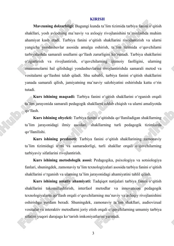 rsatish, o‘quvchilarning o‘zlashtirish jarayonini nazorat qilish va ularni doimiy ravishda rivojlantirishga qaratilgan bo‘lishi kerak. tarbiya fanini o‘qitish shakllari, o‘qituvchi va o‘quvchi o‘rtasidagi munosabatlar, shuningdek, o‘quvchilarni jamiyatga, ijtimoiy hayotga tayyorlashda muhim ahamiyatga ega. yuqoridagi shakllar o‘qitish jarayonida innovatsion yondashuvlar, zamonaviy texnologiyalar, interaktiv metodlar va turli audiovizual vositalardan foydalanishni taqozo etadi. bu shakllar orqali o‘quvchilarni nafaqat bilim bilan, balki turli muammolarni hal qilish, mustaqil fikrlash va ijtimoiy faoliyatga tayyorlashda samarali natijalarga erishish mumkin. tarbiya fanini o‘qitishda shakllarning o‘rni o‘quvchilarni faqat ilmiy, balki axloqiy va ma’naviy jihatdan rivojlantirishda ham muhimdir. bu shakllar o‘quvchilarning intellektual rivojlanishini, ijtimoiy mas’uliyatni, muammolarni hal qilish va o‘zaro hurmat kabi qadriyatlarni shakllantirishga yordam beradi. shakllar nafaqat tarbiyaviy, balki pedagogik jihatdan ham samarali bo‘lishi kerak, chunki ular o‘qitishning asosiy vositalaridan biridir. tarbiya fanini o‘qitish shakllari o‘quvchilarning tarbiyaviy va axloqiy rivojlanishini ta’minlashda katta rol o‘ynaydi. ular o‘quvchilarni jamiyatga moslashish, axloqiy me’yorlarga rioya qilish, o‘zgaruvchan ijtimoiy sharoitlarga moslashish va faol fuqarolik pozitsiyasini …