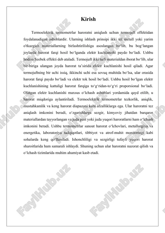 javob beradi. bundan tashqari, termoelektrik termometrlar mustahkam va kimyoviy jihatdan barqaror materiallardan ishlab chiqarilgan, bu ularni turli sohalarda keng qo‘llanish imkonini beradi. ular yuqori haroratlarda ham, juda past haroratlarda ham samarali ishlaydi. bunday termometrlar sanoat jarayonlarida, metallurgiya, energetika, kimyo sanoatida, laboratoriya tadqiqotlarida, tibbiyotda va atrof-muhit monitoringida keng qo‘llaniladi. termoelektrik termometrlar bilan o‘lchashning asosiy afzalligi shundaki, ular yuqori ishonchlilik va sezgirlikka ega bo‘lib, haroratni aniq o‘lchash imkonini beradi. shuningdek, ular oson o‘rnatish va foydalanish uchun qulaydir. termoelektrik termometrlar, shuningdek, ekologik jihatdan ham foydalidir. ular kam energiya sarflaydi va texnologik jarayonlarda samarasiz energiya iste'molini kamaytirish imkonini beradi. termoelektrik effektdan foydalangan holda ishlab chiqilgan asboblar, ayniqsa, uzoq muddatli va yuqori aniqlik talab etiladigan vaziyatlar uchun juda mos keladi. ushbu termometrlarning boshqa bir muhim xususiyati – ular keng harorat diapazonida ishlash qobiliyatiga ega. bu esa ularni faqat laboratoriya sharoitida emas, balki real sanoat va ekologik tizimlarda ham samarali ishlatish imkonini beradi. termoelektrik termometrlar texnik …