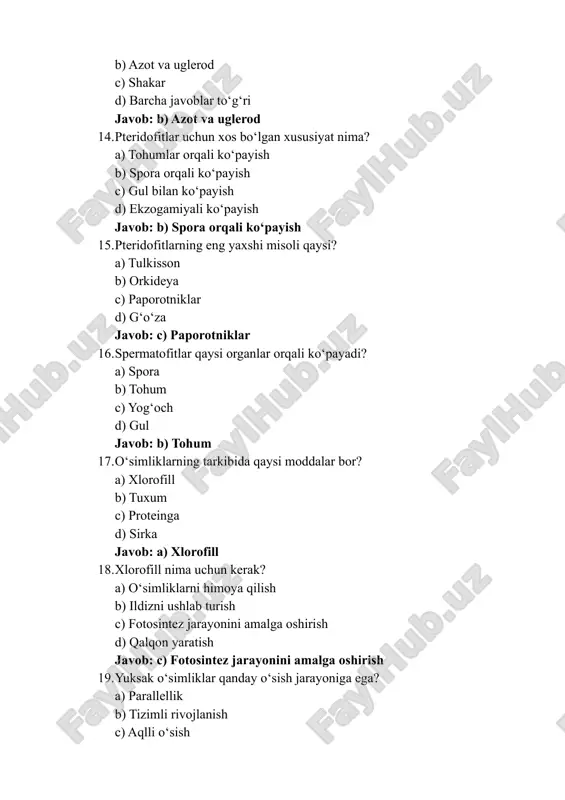 ashil xujayralar javob: c) barg va ildiz 28. yuksak o‘simliklarning yangi avlodi qanday ko‘payish usulini tanlaydi? a) tohum b) spora c) barg d) tuxum javob: a) tohum 29. yuksak o‘simliklar qanday o‘zgarishlarni amalga oshiradi? a) parallellik b) tizimli rivojlanish c) aqlli o‘sish d) kontsentratsiya javob: b) tizimli rivojlanish 30. o‘simliklarda bog‘lanish organlari qanday tasniflanadi? a) tushuncha asosida b) xususiyatlariga qarab c) vazifalariga qarab d) yuksaklar bilan javob: c) vazifalariga qarab 31. yuksak o‘simliklar nimadan foydalangan holda tashqi omillardan ta’sir qiladi? a) kengayish b) moddiy o‘zgarish c) iqlim o‘zgarishlari d) hisoblashlar javob: c) iqlim o‘zgarishlari 32. pteridofitlar nima orqali ko‘payadi? a) shakllanish b) spora c) birlashtirish d) foydalanish javob: b) spora 33. o‘simliklarda nima orqali hayotiy energiya uzatiladi? a) kambium b) oziq moddalari c) xlorofill d) tarixiy bo‘linish javob: c) xlorofill 34. pteridofitlarning o‘sish jarayonida qanday fazalar mavjud? a) vegetativ faza b) yuqori va past fazalar c) hayotning o‘sish fazasi d) …