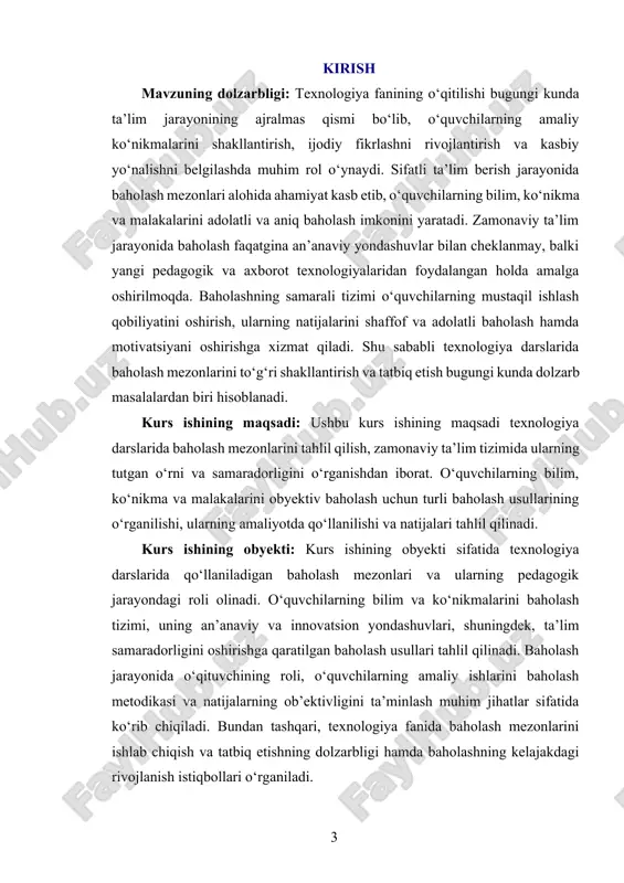 exnologiya darslarida o‘quvchilarning o‘zlashtirish darajasini aniqlash va ularning rivojlanishiga ko‘maklashish uchun muhim vosita bo‘lib xizmat qiladi. o‘qituvchi baholash orqali o‘quvchilarning qaysi bilim va ko‘nikmalarga ega ekanligini aniqlaydi, qaysi jihatlarda ularga qo‘shimcha yordam zarurligini tushunadi. bu esa ta’lim jarayonini individual tarzda tashkil etish va har bir o‘quvchining imkoniyatlaridan kelib chiqib yondashish imkonini yaratadi. shu bilan birga, samarali baholash tizimi o‘quvchilarning o‘z-o‘zini rivojlantirishga bo‘lgan intilishlarini rag‘batlantiradi va ularni faol o‘rganishga undaydi. texnologiya fanida baholash nafaqat nazariy bilimlarni, balki amaliy mashg‘ulotlarda egallangan ko‘nikmalarni ham o‘lchash uchun zarurdir. chunki texnologiya fani o‘quvchilarning ijodiy fikrlashini rivojlantirish, muammolarni hal qilish qobiliyatini shakllantirish hamda kasbiy yo‘nalishlarini aniqlashga yordam beradi. shu sababli baholash mezonlarini ishlab chiqishda o‘quvchilarning individual xususiyatlari, ijodiy qobiliyatlari va amaliy ishlarni bajarishdagi yondashuvlari e’tiborga olinishi lozim. samarali baholash tizimi o‘quvchilarning texnologik bilimlarini chuqurroq egallashiga va amaliy mashg‘ulotlarga bo‘lgan ishtiyoqini oshirishga xizmat qiladi. baholash tizimining asosiy maqsadlaridan biri o‘quvchilarning bilim olishga bo‘lgan qiziqishini rag‘batlantirishdir. to‘g‘ri tashkil …