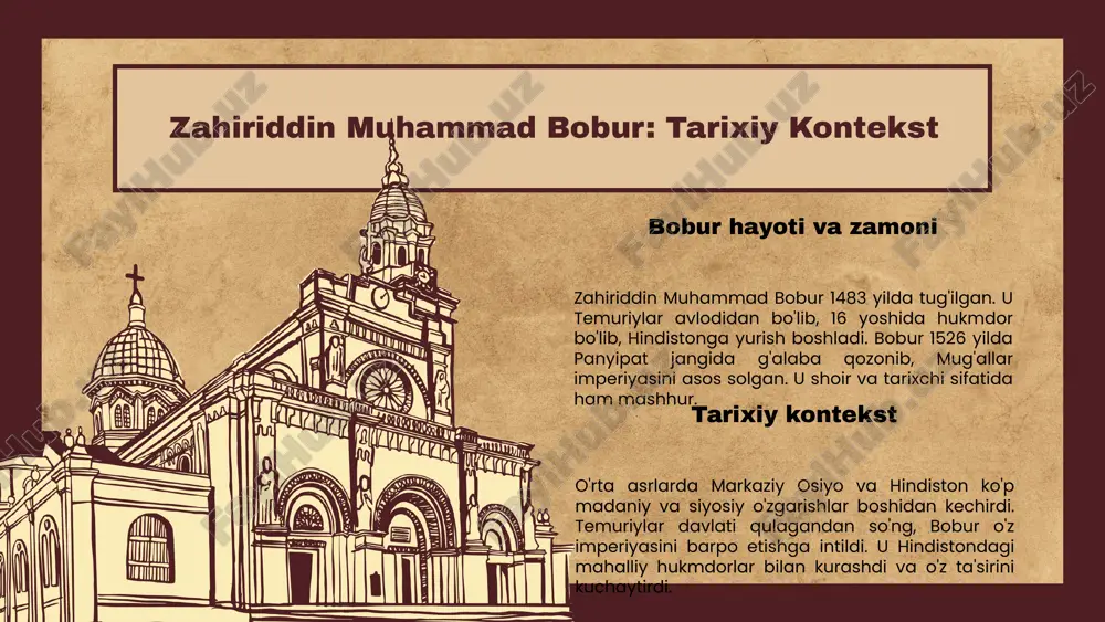 n, mamlakatini mustahkamlashga intilgan. bu jarayonda madaniyat siyosat bilan chambarchas bog'langan. siyosat va madaniyat aloqalari bobur davrida muhim edi. madaniy rivojlanish siyosiy barqarorlikka olib keldi. bobur o'z asarlarida siyosiy va madaniy masalalarni birlashtirishga harakat qilgan. o'zbekiston va mintaqadagi siyosiy madaniyatning rivojlanishi, boburning siyosiy merosi bilan bog'liq bo'lib, uning ahamiyati hozirgi kunda ham saqlanmoqda. xulosa boburning merosi zahiriddin muhammad bobur, o'rta asr adabiyotining buyuk namoyandasi bo'lib, uning asarlari nafaqat o'z davrida, balki zamonaviy adabiyotda ham katta ta'sir ko'rsatgan. u shaxsiy hayoti, urushlar va madaniyatga ta'siri bilan tanilgan. bobur va zamonaviy dunyo bugungi kunda bobur merosi ilmiy tadqiqotlar va madaniy tushunishda muhim ahamiyat kasb etadi. uning asarlari va hayotiy tajribasi zamonaviy muammolarni yoritishda va madaniyatni rivojlantirishda dolzarbdir. foydalanilgan adabiyotlar 1. zahiriddin muhammad bobur: tarixiy kontekst. o'zbekiston milliy universiteti, 2021 2. bobur: shaxsiy tafsilotlar. o'zbekiston fanlar akademiyasi, 2020 3. bobur asarlarining adabiy ta'siri. adabiyot va san'at, 2022 4. bobur va o'zining adabiy merosi. …