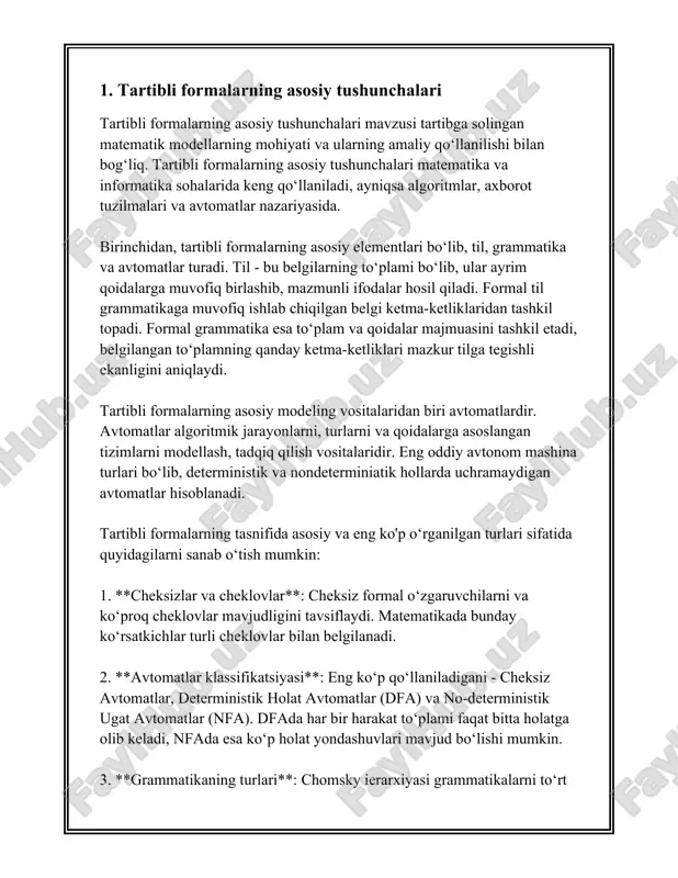 mumkin. tartibli formalarning inson hayoti va jamiyatdagi ehtiyojlar uchun zaruriy ekanligini tushunish qiyin emas. 1. **ta'lim va akademik soha**: ta'lim sohasida tartibli formalarning ahamiyati juda katta. o'quv dasturlari, sinov tizimlari va baholash me'zonlari tartibli formatlar asosida qurilgan bo'lishi kerak. masalan, o'zbekistonda maktablar va oliy o'quv yurtlarida foydalanilayotgan darsliklar va o'quv qo'llanmalari standartlar asosida tayyorlanadi. bu standartlar o'quv jarayonining izchilligini va sifatini ta'minlaydi. 2. **iqtisodiy va moliyaviy hisobotlar**: korxona va tashkilotlar uchun moliyaviy hisobotlarning tartibli formatda tayyorlanishi muhimdir. buxgaltariyada xalqaro moliyaviy hisobot standartlari (ifrs) mavjud bo'lib, ular butun dunyo bo'ylab applyuaviylikni ta'minlaydi. bu standardlar moliya bo'yicha hisob-kitoblarning solishtirilishi va tahlil qilinganida oʻzining afzalliklarini beradi. 3. **ilmiy izlanish va yangiliklar**: ilm-fan va tadqiqotlar yo'nalishida qandaydir tadqiqot yoki tajriba natijasini taqdim etishda shakllantirilgan formatlar yo'qligida, tushunish va qo'llash amaliyoti murakkablashishi mumkin. masalan, ilmiy maqolalarni yozish uchun apa yoki mla formatlarini ishlatish talab etiladi. bu shakllar ilmiy ishtirokchilar o'rtasida ma'lumotlarni osonroq almashish imkonini beradi. …