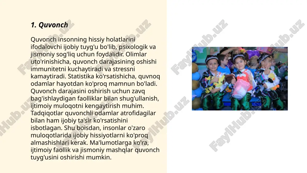 inatsiya natijasida yuzaga kelgan holatlarda ko'proq seziladi. ba'zi statistik ma'lumotlarga ko'ra, global miqyosda nafratga asoslangan jinoyatlar soni 2022 yilda sezilarli darajada oshgan, ayniqsa irq, millat va din masalalari yuzasidan. nafrat va adovatning oldini olish uchun ta'lim va madaniy tushunishni oshirish muhim strategiyalardan hisoblanadi. ... t.me/slaydai_bot 7. xavotir 7. xavotir insonning kundalik hayotida stress, xavotir va muammolar bilan bog‘liq bo‘lib, miyaning kimyoviy va fiziologik javoblaridan kelib chiqadi. tadqiqotlarga ko‘ra, har 10 kishidan 1 tasi og‘ir xavotirdan aziyat chekadi. ikki jins orasida xavotir statistik jihatdan ayollarda ko‘proq uchraydi, ular erkaklarga nisbatan ikki baravar ko‘p ta’sirlanadi. genetik omillar, muhit va shaxsiy tajribalar xavotir darajasini oshirishi mumkin. statistika shuni ko‘rsatadiki, xavotir bilan yashovchilarning 36 foizi professional yordamga ehtiyoj sezadi. xavotirni yengillashtirish uchun terapevtik usullar, mashqlar va ba’zi dori vositalari qo‘llanilishi mumkin. ... t.me/slaydai_bot "uyat" – bu o'zbek madaniyatida katta ahamiyatga ega bo'lgan va ijtimoiy munosabatlarda noqulaylik, taqiqlar yoki odob chegaralari bilan bog'liq tushuncha. ommaviy …