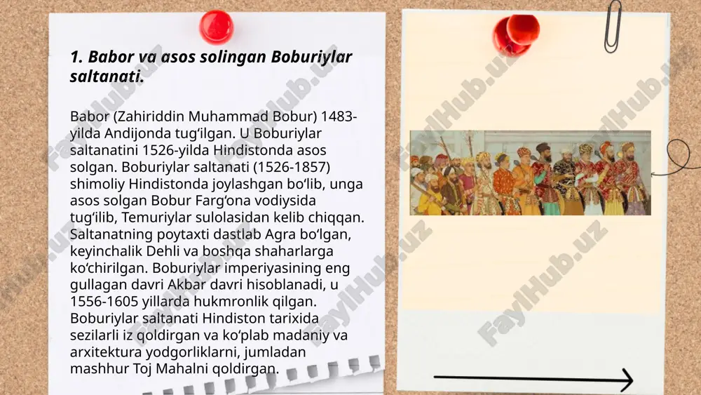 hli saltanati 1526-yilgacha turli sulolalar, jumladan, quwwat ul-islom masjidi va qutb minor kabi moshtabiyatlar qurgan xudovand bi-llah tomonidan boshqarilgan. 1526-yilda dehli saltanati bobur tomonidan bostirilganidan so'ng, hindiston tarixida hokimiyat boburiylar qo'liga o'tdi. boburiylar saltanati 1858-yilda inglizlar tomonidan tugatilgan. ... t.me/slaydai_bot 7. xvii asrda hindistonning iqtisodiyoti. xvii asrda hindiston iqtisodiyoti asosan qishloq xo'jaligi va hunarmandchilikka asoslangandi. dehli sultonligi va keyinchalik mo'g'ul imperiyasi davrida mamlakat iqtisodiy jihatdan kuchaygan. qishloq xo'jaligida g‘alla, paxta, qand lavlagi va ziravorlar yetishtirilgan. savdo-sotiq dengiz va quruqlik yo‘llari orqali amalga oshirilgan. hindistonning shoyi va paxta matolari yevropa bozorlariga yetkazib berilgan. shuningdek, hind daryosi atrofidagi hududlarda oltin va kumush kabi metallar qazib olingan. xvii asrga kelib, hindiston dunyoning eng nufuzli savdo markazlaridan biriga aylangan edi. ... t.me/slaydai_bot xvii asrda hindistonning iqtisodiyoti, mug‘al imperiyasining eng qudratli davrlaridan biriga to‘g‘ri keladi. bu davrda hindiston jahondagi eng yirik va eng boy iqtisodiy tizimlardan biriga ega bo‘lgan. mug‘al imperiyasi o‘zining siyosiy va iqtisodiy …