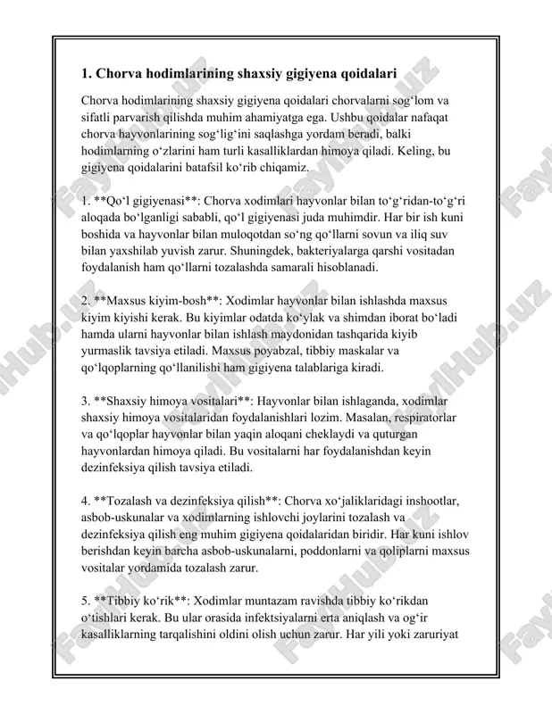 order (tartibga solish):** kerakli narsalarni to'g'ri joylashtirish va ularni oson topish uchun tartibga solish. - **shine (tozalash):** ish joyini muntazam tozalash va parvarishlash. - **standardize (standartlashtirish):** tozalik va tartibni saqlash uchun standart protseduralarni joriy etish. - **sustain (yashash):** ushbu jarayonlarni odatdagidek davom ettirish va ular asosida ishlash. 2. **tozalash grafigi:** ish joyidagi tozalash grafigini tuzish va unga rioya qilish tartib va tozalikni saqlashga yordam beradi. kunlik, haftalik va oylik tozalash muammolarini aniqlash lozim. bu grafig orqali qaysi hududlar qachon va qanday tozalanishini ko'rsatib beriladi. 3. **jihoz va asbob-uskunalarni tozalash:** jihoz va asbob-uskunalarni muntazam tozalab turish ularning samaradorligini oshiradi va uzoqroq muddat xizmat qilishiga yordam beradi. shuningdek ular texnikaviy jihatdan buzilmasligini ta'minlaydi. 4. **ventilatsiya sistemasining tozaligi:** toza havo oqimini ta'minlaydigan ventilyatsiya sistemalarini muntazam tozalash muhimdir. bu ish joyida sog'lom atmosferani saqlash va hidlarning oldini olishga yordam beradi. 5. **maxsus tozalash mahsulotlari va jihozlarni ishlatish:** tozalashni osonlashtirish va samarali qilish uchun professional …