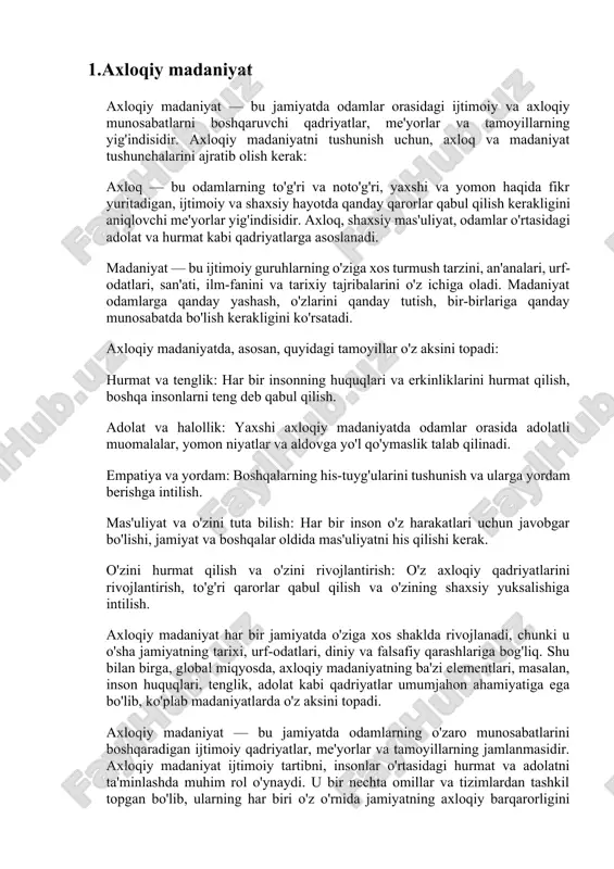 iy madaniyat har doim o'zgarib boradi. bu o'zgarishlar jamiyatning ijtimoiy, iqtisodiy va siyosiy o'zgarishlariga, ilm-fan va texnologiya rivojlanishiga hamda xalqaro munosabatlarga qarab yuz beradi. masalan: texnologik o'zgarishlar: internet va ijtimoiy tarmoqlarning rivojlanishi bilan odamlar o'zaro muloqot qilish tarzini o'zgartirdi. bu axloqiy madaniyatni yangi masalalarga, jumladan, onlayn shaxsiy hayotga, axloqiy manipulyatsiya va onlayn adolatga qarshi kurashga olib keldi. globalizatsiya: globalizatsiya jamiyatlarning bir-biri bilan bog'lanishiga va turli madaniyatlarni bir-biriga ta'sir etishiga olib kelmoqda. bu holat ijtimoiy axloqiy qadriyatlarning yangi kontekstlarda rivojlanishiga sabab bo'ladi. misol uchun, inson huquqlari va ekologik axloqiy qadriyatlar bugungi kunda global miqyosda keng muhokama qilinmoqda. din ko'plab jamiyatlarda axloqiy madaniyatning shakllanishiga ta'sir ko'rsatgan eng muhim omillardan biridir. har bir din o'zining axloqiy tamoyillarini belgilaydi va ular jamiyatda axloqiy me'yorlarni yaratishda muhim rol o'ynaydi. misol uchun: islom axloqi: islomda o'zaro hurmat, yordam, adolat va halollik kabi tamoyillar ajralmas hisoblanadi. qur'oni karimda va hadislarda keltirilgan ko'plab qoidalar ijtimoiy hayotda axloqiy me'yorlarni …