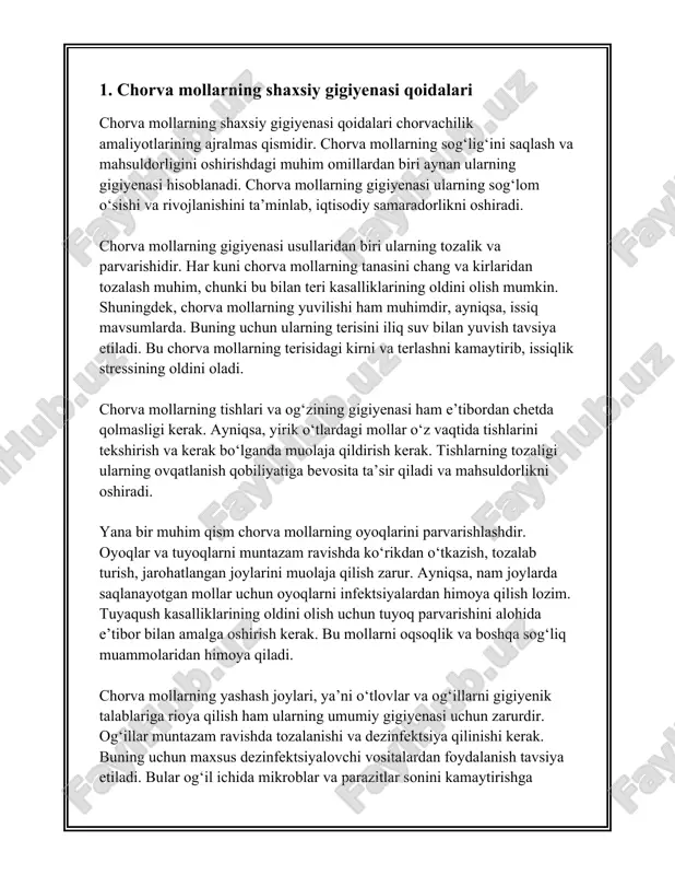 parvarishida alohida e'tibor talab qiladigan qismlardir. mollarning jun va teri salomatligini ta'minlash hayvonlarning umumiy sog'lomligiga katta ta'sir ko'rsatadi. quyida mollarning jun va terisini parvarish qilish haqida keng qamrovli ma'lumotlar keltirilgan: 1. **junning parvarishi:** a. **junning ahamiyati:** mollar junining sog'lomligi hayvonning issiq va sovuq haroratdan himoya qilinishi, shuningdek, teri kasalliklaridan saqlanishida muhimdir. b. **junni qirqish:** juda qalin va uzun jun mollarni issiq havoda noqulay qila oladi, shuning uchun yiliga bir necha marta junni qirqish tavsiya etiladi. qo'y va boshqa junli hayvonlar uchun bu ayniqsa muhimdir. c. **junni yuvish:** junni tozalash bakteriya va parazitlardan himoyalashda muhim rol o'ynaydi. maxsus shampun va suyuqliklar yordamida jun muntazam ravishda yuvilishi kerak. d. **oziqlanish:** junning sog'lom o'sishi uchun mollarga korrekt dieta berish kerak. oziq-ovqat tarkibida vitaminlar va minerallar, ayniqsa, sink va omega-3 yog' kislotalari muhimdir. 2. **terining parvarishi:** a. **teridagi kasalliklar:** mollarning terisi ko'pincha parazitlar, bakteriyalar va zamburug'lar tahdidi ostida bo'ladi. dermatofitoz, qichima va piroplazmoz kabi …