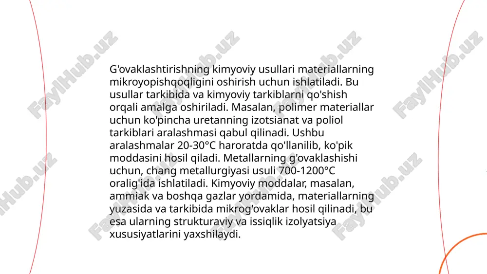 dai_bot biologik g'ovaklashtirish usullari tuproq unumdorligini oshirishda muhim rol o'ynaydi. ushbu usullar mikroorganizmlar, o'simlik qoldiqlari va boshqa biomateriallar yordamida tuproq strukturasini yaxshilaydi. g'ovaklik darajasi urug'larning nafas olishi va o'sishiga, shuningdek, suv va ozuqa moddalari kirib borishiga ta'sir qiladi. mikroorganizmlar organik moddalarning parchalanishini tezlashtiradi, bu esa tabiiy g'ovaklikni oshiradi. ushbu jarayonlar natijasida tuproqning havo o‘tkazuvchanligi va suv ushlab turish qobiliyati yaxshilanadi. optimal g'ovaklik 50-60% bo'lishi muhim, chunki bu tuproqning eng yaxshi ishlashiga yordam beradi. biologik g'ovaklashtirish atrof-muhitga zarar yetkazmasdan tuproqni sog'lomlashtiradi. ... t.me/slaydai_bot 7. elektroximik g'ovaklashtirish metodlari. elektroximik g'ovaklashtirish metodlari metall va yarimo'tkazgich materiallar yuzasida nazoratli g'ovaklar hosil qilish uchun qo'llaniladi. ushbu usullar anodli oksidlanish yoki elektroxitda erib ketish jarayonlariga asoslanadi. masalan, alyuminiy anodli oksidlanishi orqali anodli oksidli plyonka hosil qiladi, bu esa g'ovakli struktura shakllanishiga olib keladi. yarimo'tkazgichlarda, masalan kremniy uchun, elektroximik g'ovaklashtirish hf kislotada yuqori tok zichligida amalga oshiriladi. ushbu texnologiyalar nanoelektronika, sensorlar va katalizatorlar ishlab chiqarishda qo'llaniladi. barcha …