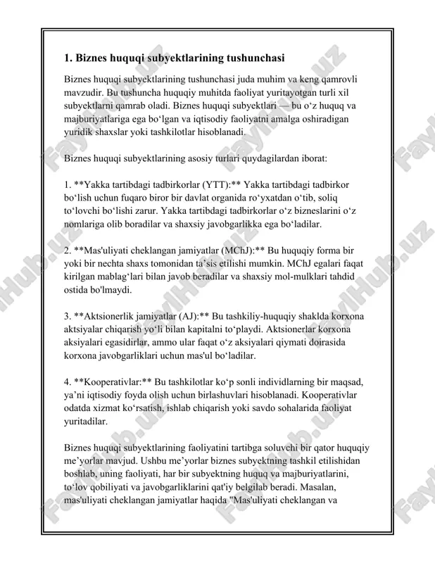 sosiy ahamiyatga ega va bu mezonlar turli omillar asosida belgilanishi mumkin. ushbu mezonlar odatda subyektning shakli, mulkchilik turi, tashkil topishi, va faoliyati doirasidagi ko'rsatkichlarga bog'liq bo'lishi mumkin. 1. **tashkilotning huquqiy shakli bo‘yicha tasnifi:** - **yakka tartibdagi tadbirkorlik:** bunday tashkilotlar bir shaxs tomonidan tashkil etiladi va ushbu shaxs to‘liq javobgarlikka ega bo‘ladi. - **qo‘shma korxonalar**: bir necha hissadorlar yoki aksiyadorlar tomonidan tashkil etiladi. bundan tashqari, qo'shma korxonalar hammasi to'liq qonuniy huquqga ega subyektlar sifatida ishlaydi. - **mas'uliyati cheklangan jamiyatlar (mchj)**: ular bir yoki bir necha shaxslar tomonidan tashkil etiladi va mol-mulk bilan cheklangan javobgarlikka ega. - **aktsionerlik jamiyatlari (aj):** bu jamiyatlarda kapital aktsiyalar chiqarish orqali to‘planadi va aktsionerlar faqat o‘z aktsiyalari miqdorida javobgar bo‘ladilar. 2. **mulkchilik turi bo‘yicha tasnifi:** - **davlat korxonalari:** ushbu korxonalar davlat yoki davlat muassasalari tomonidan to‘liq yoki asosiy ulushda boshqariladi. - **xususiy korxonalar:** bular to‘liq ravishda xususiy shaxslar yoki subyektlar tomonidan boshqariladi. - **aralash mulkchilikdagi korxonalar:** ular …
