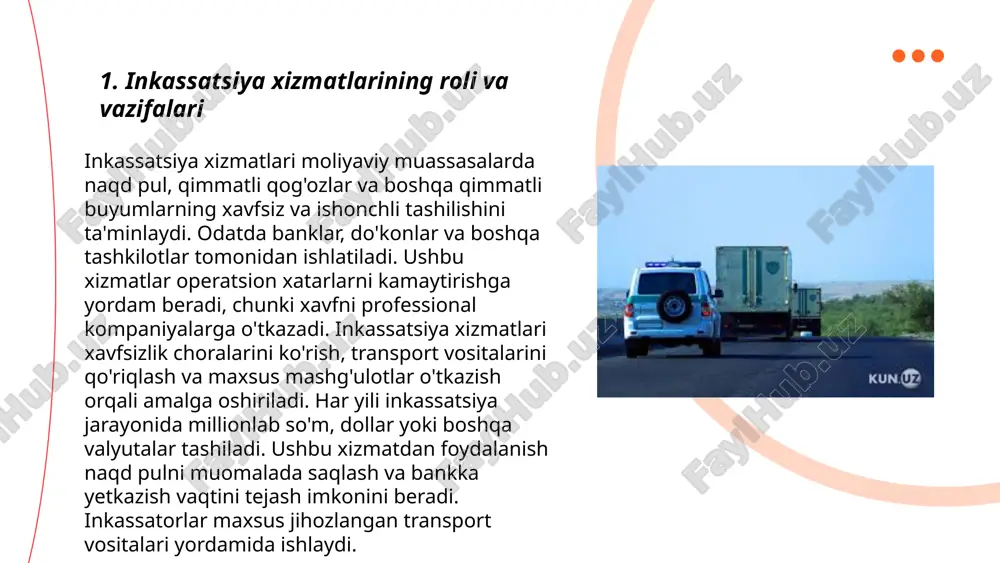 operatsiyalari ko'pincha mijozlarning depozit qo'yilishi va yechilishi, kredit ajratish hamda kommunal to'lovlar kabi turli tranzaksiyalarni o'z ichiga oladi. unda texnologik yechimlar, misol uchun, avtomatlashtirilgan kassa apparatlari (atmlar) va elektron to'lov tizimlari ishtirok etadi, bu esa yuborilgan va qabul qilingan mablag'larning shaffofligini oshiradi hamda firibgarlikning oldini olishda muhim rol o'ynaydi. ... t.me/slaydai_bot kassa va inkassatsiya xodimlarining vakolatlari quyidagilarni o'z ichiga oladi: ular korxona pul mablag'larini qabul qilish, saqlash va chiqarishni amalga oshirishadi. har bir kassa xodimi o'ziga berilgan pul mablag'lari uchun mas'uldir va har kuni kassani hisoblab, hisobot topshiradi. kassa operatsiyalarini amalga oshirishda huquqiy normalarga rioya qilish talabi bor. inkassatsiya xodimlari esa mablag'larni xavfsiz tashish, bankka yetkazish vaqida xavfsizlik choralari ko'rish vazifalarini bajaradi. ular maxsus ta'lim va yo'riqnomalardan o'tgan bo'lishi lozim. kassa va inkassatsiya operatsiyalarini nazorat qilish uchun ko'pincha videokuzatuv va boshqa xavfsizlik texnologiyalari qo'llaniladi. ... t.me/slaydai_bot 7. bankomatlar orqali kassa xizmatlarini ko‘rsatish bankomatlar orqali kassa xizmatlari ko‘rsatish o‘zbekistonda keng tarqalgan. …