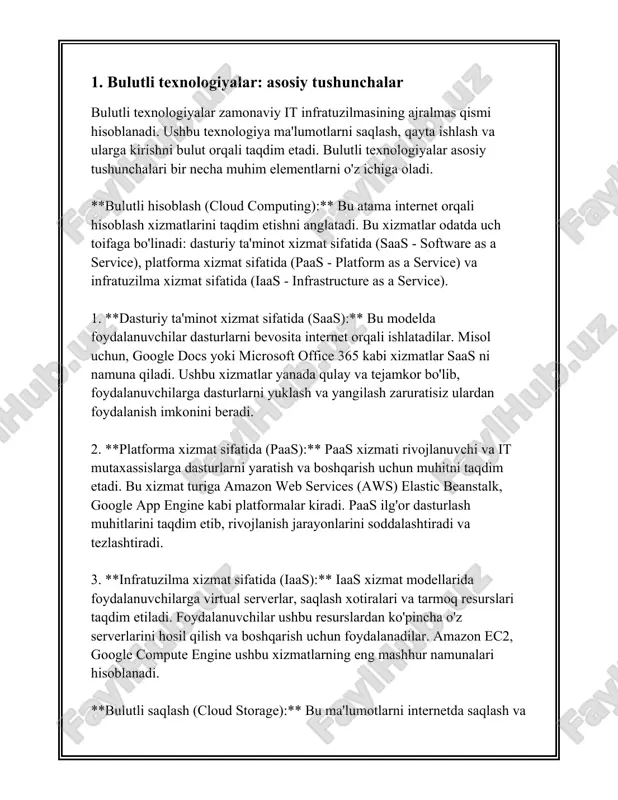 infratuzilmalarni optimallashtirish imkoniyatlarini kengaytiradi. bulutli texnologiyalar o'zining ko'plab afzalliklari bilan kelajakda yana ham rivojlanishni davom ettirishga qodir. 2. bulutli texnologiyalar va taqdimot dasturlari bulutli texnologiyalar (cloud computing) va taqdimot dasturlari hozirgi kunda it sohasida muhim o‘rin tutadi. bulutli texnologiyalar turli xil xizmatlarni internet orqali taqdim etishni nazarda tutadi. ular odatda uch asosiy xizmat modeliga bo‘linadi: iaas (infra-struktura xizmat sifatida), paas (platforma xizmat sifatida) va saas (dasturiy ta'minot xizmat sifatida). iaas (infrastructure as a service) infratuzilma xizmatlarini taqdim etadi. bu xizmat foydalanuvchilarga server, saqlash joyi va tarmoq resurslari kabi infratuzilma imkoniyatlarini taqdim etadi. amazon web services (aws), microsoft azure va google cloud platform (gcp) kabi kompaniyalar iaas yechimlarini taqdim etadi. aws 2006 yilda ishlab chiqarilgan bo‘lib, u bulutli xizmatlar bozorida yetakchi hisoblanadi. 2023 yil ma'lumotlariga ko‘ra, aws bulutli xizmatlar bozorida 32% ulushga ega. paas (platform as a service) - bu bulutli platforma xizmatlaridir. u dastur ishlab chiqish uchun zarur bo‘lgan muhitni …