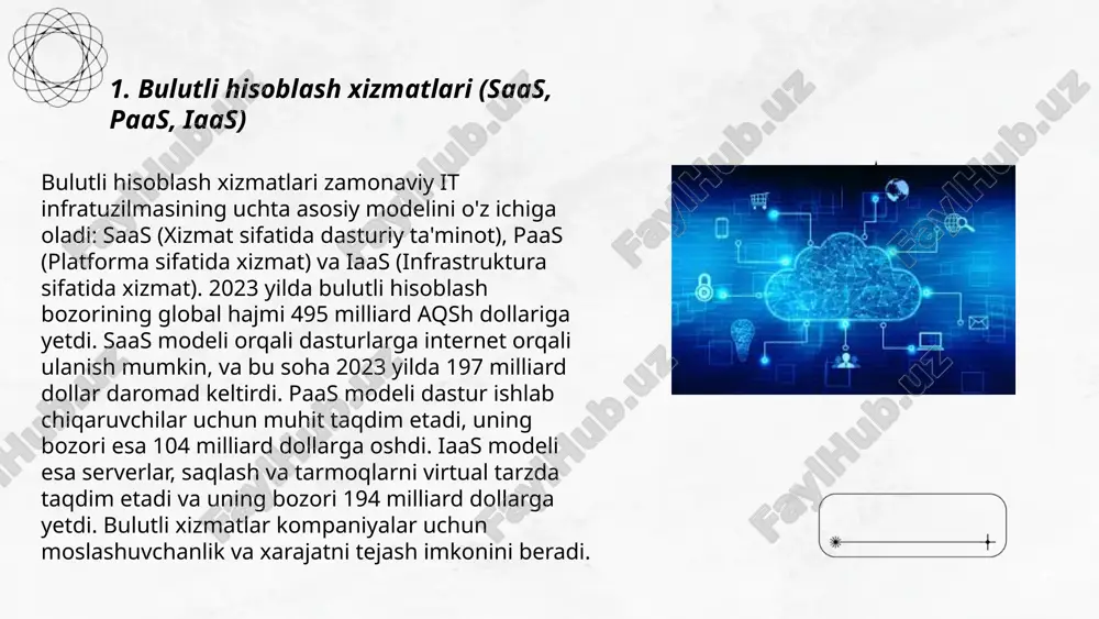 -yilga kelib bu raqamning 832 milliard aqsh dollariga yetishi kutilmoqda. ... t.me/slaydai_bot bulutda ma'lumotlarni zaxiralash zamonaviy biznes va shaxsiy ma'lumotlar xavfsizligini ta'minlashning muhim qismina aylandi. odatda, bulut xizmatlarini taqdim etuvchi kompaniyalar ma'lumotlarni masofaviy serverlarda saqlaydi, bu esa ularni yo'qotish yoki zarar ko'rishdan himoya qiladi. 2022-yilda, global bulut zaxiralash bozori hajmi 5 milliard dollarga yetdi. o'sish sur'ati har yili taxminan 24% ni tashkil etmoqda. bulut zaxiralash xizmatlari foydalanuvchilarga ma'lumotlarni qulaylik bilan zaxiralash, yangilash va tiklash imkonini beradi. mashhur bulut zaxiralash xizmatlariga google drive, microsoft onedrive va dropbox kiradi. o'tkazilgan tadqiqotlar ko'rsatishicha, kompaniyalarning 94% bulut zaxiralashdan foydalanadi. ... t.me/slaydai_bot 7. bulutli hisoblashning afzalliklari va kamchiliklari bulutli hisoblashning afzalliklari quyidagilardan iborat: u qimmatbaho apparat va dasturiy ta'minot xarajatlarini kamaytiradi, ma'lumotlarga istalgan joydan kirish imkoniyatini beradi, xavfsizlik va ma'lumotlarni tiklash imkoniyatlarini oshiradi. shuningdek, u miqyosni osonlikda oshirishi va energiya tejamkorligini ta'minlashi mumkin. boshqa tomondan, kamchiliklar orasida tarmoqga bog'liqlik, maxfiylik xavotirlari, va xizmat ko'rsatuvchi provayderga …
