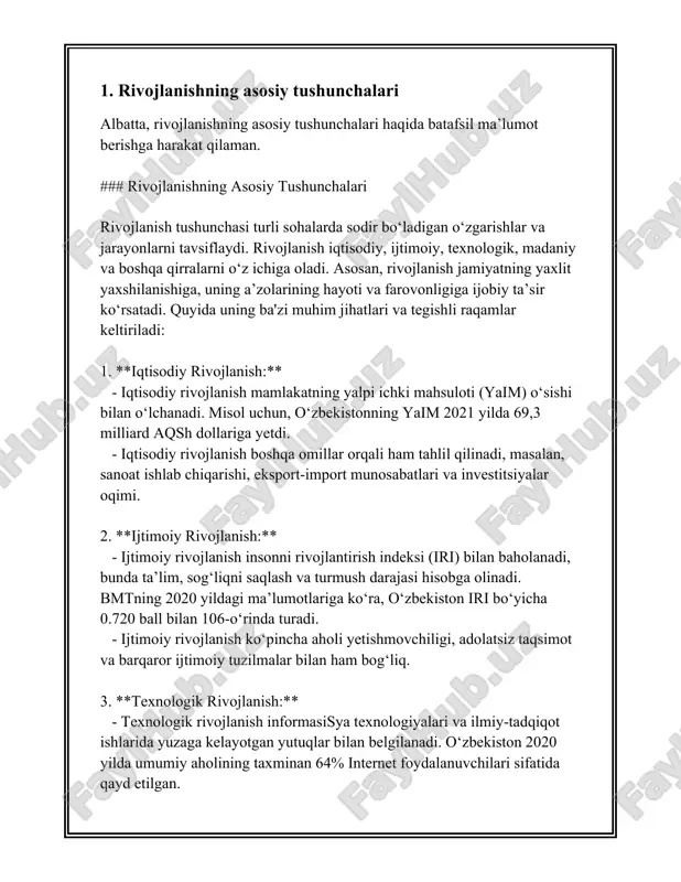 rni keltirish mumkin. quyida rivojlanish va taraqqiyot to'g'risidagi turli ma'lumotlar bilan ta'minlayman. dastlab, birlashgan millatlar tashkilotining taraqqiyot dasturi (undp) tomonidan taqdim etiladigan inson taraqqiyoti indeksi (hdi) ga e'tibor qarataylik. hdi uchta asosiy ko'rsatkichni o'lchaydi: uzoq umr ko'rish va sog'liq, ta'lim, va daromad. 2023 yil statistikalariga asoslanib, dunyo bo'ylab inson taraqqiyoti ko'rsatkichi o'rtacha 0.737 ni tashkil etadi, bu esa o'rtacha darajadan yuqori natijadir. taraqqiyotning yana bir muhim ko'rsatkichi global savdo hajmidagi o'sishdir. 2022 yilda jahon tovar savdosi qiymati taxminan 28 trillion aqsh dollariga yetdi, bu 2021 yilga nisbatan 5 foizdan ortiq o'sishni ko'rsatadi. bundan tashqari, xizmatlar savdosi ham sezilarli darajada oshdi, 2023 yilga kelib bu ko'rsatkich taxminan 6 trillion dollarni tashkil etdi. texnologik rivojlanish va axborot texnologiyalari ham taraqqiyotning muhim jihatlaridan biridir. masalan, 2023 yil holatiga ko'ra, internet foydalanuvchilari soni dunyo bo'ylab 5.3 milliarddan oshdi, bu esa umumiy aholi sonining taxminan 66 foizini tashkil etadi. mobil telefon ulanishlari soni esa 8.6 …
