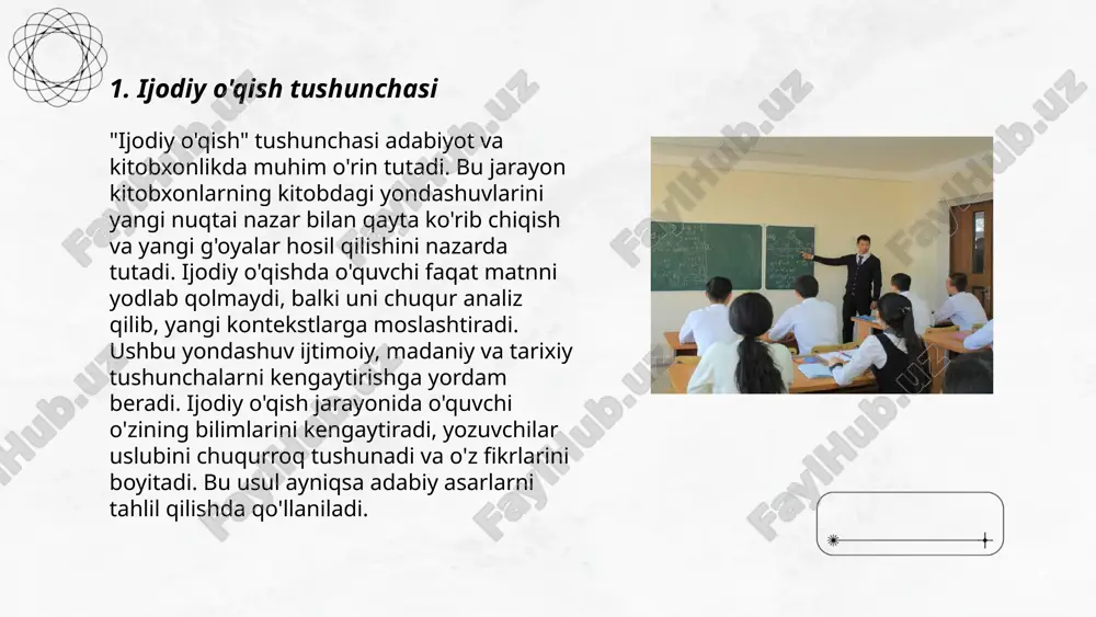 rdam beradi. ijodiy o'qishda muallif asarlari bilan tanishish, ularning stilistikasini va mavzularini tushunish uchun asosiy omillardan biridir. bu jarayon o'quvchini asar bilan chuqurroq bog'lash va tafsir qilishda muhim ahamiyat kasb etadi. ... t.me/slaydai_bot ijodiyat va adabiyot o'rtasidagi aloqalar chuqur ildizlarga ega. adabiyot ijodkorlarning fikrlarini, hissiyotlarini va tajribalarini ifodalash vositasi sifatida xizmat qiladi. u turli janrlar orqali insoniyat tarixi davomida ijtimoiy, madaniy va falsafiy masalalarni yoritgan. ijodkorlar asarlari orqali yangi uslublar va shakllarni tajriba qilishadi, bu esa adabiyotning doimiy rivojlani-shi va rang-barangligini ta'minlaydi. masalan, xix asrda realist va modern uslublar o'rtasida o'tish jarayoni ijodiyat va adabiyotdagi o'zgarishlarni ko'rsatgan. ushbu jarayonlar orqali adabiyot nafaqat o'z davrining ko'zgusi, balki kelajak avlodlar uchun ilhom manbai bo'lib xizmat qiladi. ... t.me/slaydai_bot 7. o'qish qobiliyatlarini rivojlantirish usullari o'qish qobiliyatlarini rivojlantirish uchun bir nechta usullar mavjud. eng avvalo, muntazam ravishda kitob o'qishni odat qilish kerak, bu miya faoliyatini kuchaytiradi va so'z boyligini oshiradi. ertalab yoki kechqurun o'qish …