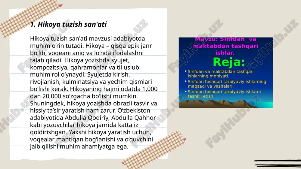d 20 ta savoldan iborat bo'lishi mumkin. har bir to'g'ri javob uchun 1 balldan beriladi. ishtirokchilar soni cheklanmagan, lekin jamoada kamida 3 va ko'pi bilan 5 kishi bo'lishi tavsiya etiladi. viktorina davomiyligi odatda 60 daqiqa. eng ko'p ball to'plagan jamoa g'olib deb e'lon qilinadi. har bir jamoaga 5 ta javob varianti taqdim etilishi mumkin. viktorina savollari o'rta asr adabiyoti, zamonaviy asarlar va milliy yozuvchilarga oid bo'lishi mumkin. natijalar hakamlar hay'ati tomonidan baholanadi. ... t.me/slaydai_bot mualliflik huquqlari san'at, adabiyot va ilm-fan asarlariga tegishli qilingan intellektual mulk turidir. o'zbekiston respublikasi "mualliflik huquqi va turdosh huquqlar to'g'risida"gi qonuni 1996-yilda qabul qilingan. ushbu huquqlar asar yaratilgan zahoti muallifga taqdim etiladi va 70 yil davomida muallifning o'limidan keyin ham saqlanadi. mualliflik huquqlari buzilgan taqdirda, muallifga kompensatsiya yoki qonuniy choralar talab qilish huquqi beriladi. 2021-yilda mualliflik huquqlari agentligi intellektual mulkni himoya qilish maqsadida 500 dan ortiq mualliflik huquqi buzilish holatlarini ko'rib chiqdi. ... t.me/slaydai_bot 7. adabiyot …