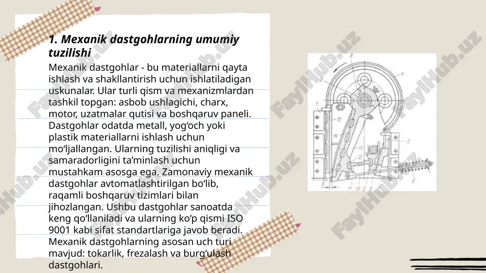 uzatish tizimlari yuqori samaradorlik va minimal energiya yo'qotishlarini ta'minlaydi. ulardan foydalanish texnika samaradorligini oshiradi, masalan, elektromobillarda oddiy uzatish tizimlari mavjud. harakat uzatish tizimining turlari texnika va ishlab chiqarish talablariga mos ravishda tanlanadi. ... t.me/slaydai_bot gidravlik tizimlar suyuqlik bosimi orqali kuch uzatadigan mexanizmlardir. ular odatda gidravlik nasos, silindr, vana va filtr kabi tarkibiy qismlardan iborat. gidravlik nasos suyuqlikni tizim bo'ylab harakatlantiradi, bosimni oshiradi va harakatni yaratadi. suyuqlik, odatda gidravlik moy, energiya uzatishda muhim rol o'ynaydi. gidravlik tizimlar mashinasozlik, aviatsiya va avtomobilsozlikda keng qo'llaniladi. ular yuqori quvvat va aniq boshqaruvni ta'minlaydi. maksimal bosim odatda 1000 dan 5000 psi gacha bo'lishi mumkin. odatda gidravlik tizimlar og'ir yuklarni ko'tarishda yoki kuchli mashinalarni boshqarishda qo'llaniladi, masalan ekskavatorlarda. ... t.me/slaydai_bot 7. agrofabrika uchun maxsus dastgohlar agrofabrika uchun maxsus dastgohlar asosan ishlab chiqarishni mexanizatsiyalash va avtomatlashtirish uchun mo‘ljallangan. ushbu dastgohlar qatoriga ozuqa tayyorlash uskunalari, urug‘lik saralash mashinalari va o‘g‘it sepish texnikalari kiradi. o‘zbekistonda 2022-yilda qishloq xo‘jalik texnikasini …