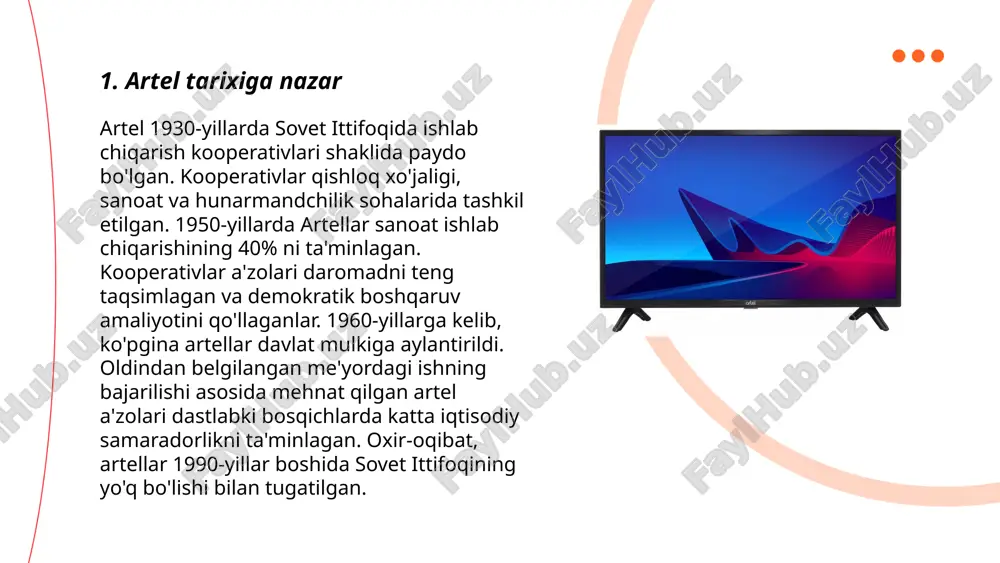i. 2022-yilda kompaniyaning yillik daromadi taxminan 350 million aqsh dollariga yetdi. 2023-yilda esa bu ko‘rsatkich 400 million aqsh dollaridan ortdi. artelning asosiy mahsulotlari televizorlar, konditsionerlar, muzlatgichlar va kir yuvish mashinalaridan iborat. kompaniya eksport hajmini ham oshirib bormoqda, ayniqsa, mdh mamlakatlariga eksport qilish muhim o‘rin tutadi. shu bilan birga, 2023-yilda artelning ishlab chiqarish zavodlari soni 12 taga yetib, mamlakat bo‘ylab ishlab chiqarish quvvatlarini kengaytirdi. 2024-yilda daromad rejasi 450 million aqsh dollarini tashkil etadi. ... t.me/slaydai_bot 7. artelning eksport salohiyati 7. artelning eksport salohiyati yuqori. 2022-yilda, artel korporatsiyasi 50 million aqsh dollari miqdorida mahsulotni 20 dan ortiq mamlakatga eksport qildi. o'sish sur'ati o'rtacha yillik 15% ni tashkil qilmoqda. artel oʻz mahsulotlarini yevropa, osiyo va afrika bozorlari uchun yetkazib bermoqda. kompaniya 10 ta zavodga ega bo'lib, ularning umumiy ishlab chiqarish quvvati yiliga 4 million dona maishiy texnika tashkil qiladi. maqsadlari 2025-yilga borib eksport ulushini 50% ga yetkazishdir. innovatsion texnologiyalar va mahalliy xomashyodan foydalanish …