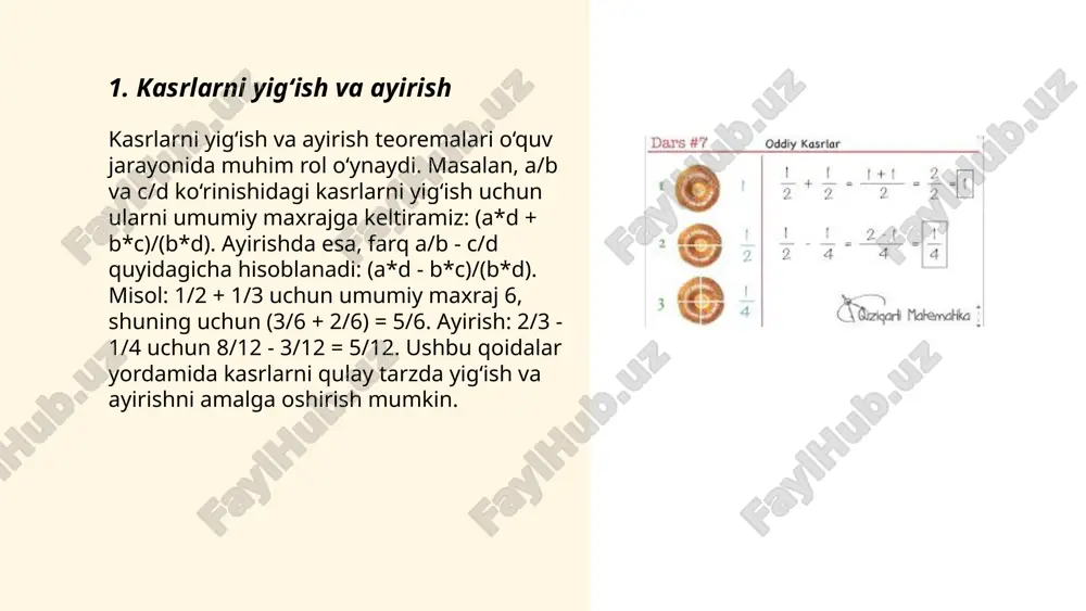 ’paytirish yoki bo’lish orqali kasrni qiymatini o'zgartirmasdan shaklini o'zgartirish jarayonidir. misol uchun, 2/3 kasrini kengaytirish uchun surat va maxrajni 4 ga ko’paytiramiz: (2 x 4) / (3 x 4) = 8/12. bu yerda 8/12 kasr 2/3 kasrining kengaytirilgan shaklidir, lekin bu ikkala kasr bir xil qiymatni ifodalaydi. kengaytirish turli kasrlarni bir xil maxrajga keltirishda yoki ularning qiymatini teng ravishda ko'paytirishda foydalidir. ... t.me/slaydai_bot o‘xshash kasrlar bir xil maxrajga ega bo‘lgan kasrlardir. masalan, \(\frac{3}{7}\) va \(\frac{5}{7}\) o‘xshash kasrlardir, chunki ikkalasi ham 7 maxrajiga ega. o‘xshash kasrlarni qo‘shish yoki ayirishda faqat suratlarni qo‘shish yoki ayirish kifoya. masalan, \(\frac{3}{7} + \frac{5}{7} = \frac{8}{7}\). agar kasrlar o‘xshash bo‘lmasa, ularni teng maxrajli qilib, ya'ni umumiy maxrajni topib, o‘xshash kasrlarga aylantirish lozim. oxirida komo uchun qirqarish amalga oshiriladi, masalan, \(\frac{4}{6} + \frac{2}{6} = \frac{6}{6} = 1\). ... t.me/slaydai_bot turli maxrajli kasrlarni yig‘ishda avvalo maxrajlarni tenglashtirish kerak. masalan, \(\frac{1}{3}\) va \(\frac{1}{4}\) kasrlarini yig‘ish uchun ularning umumiy maxraji …