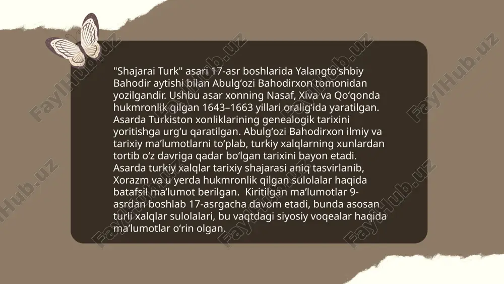 ng va murakkab mavzu. miloddan avvalgi 2-ming yillikda tashkil topgan ilk turk davlatlari, jumladan, xunnlar imperiyasi, markaziy osiyoda joylashgan. vi asrda gokturklar imperiyasi paydo bo‘ldi va 552-yildan 744-yilgacha hukmronlik qildi. ular ikkiga bo‘linib, sharqiy va g‘arbiy qismi bo‘lgan. viii asrda uyg‘urlar, keyinchalik qoraxoniylar va saljuqiy turklar davlatlari tashkil topdi. 1071-yilda saljuqiylar manzikert jangida g‘alaba qozonib, anatoliyaga kirdilar. xiii asrda chingizxonning mo‘g‘ullari turk hududlariga kirib keldi, ammo keyinchalik o‘z diniy va madaniy ta’sirlarini yo‘qotdilar. xiv asrda usmonli imperiyasi paydo bo‘lib, 1922-yilgacha davom etgan. 1923-yilda esa turkiya respublikasi tashkil etildi. ... t.me/slaydai_bot 7. asardagi tarixiy shaxslar va ularning rolini tasvirlash 1. amir temur (1336-1405) - buyuk sarkarda va davlat arbobi, temuriylar saltanatining asoschisi. movarounnahrda kuchli davlatni barpo etdi. 2. alisher navoiy (1441-1501) - buyuk shoir va davlat arbobi. turk adabiy tilini rivojlantirdi, ko'plab asarlar yaratdi. 3. islom karimov (1938-2016) - o'zbekistonning birinchi prezidenti. mustaqil o'zbekiston davlatini shakllantirishda muhim rol o'ynadi. 4. muhammad …