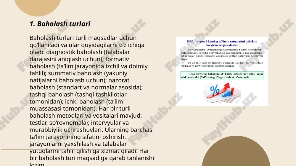 h orqali amalga oshiriladi. u ko‘pincha 100% ballik tizimga asoslanadi, lekin an'anaviy baholash tizimidagi yozma testlar va imtihonlardan farqli ravishda, o'z-o‘zini baholash va refleksiyani ham o‘z ichiga oladi. portfoliolar orqali baholash ko‘pincha o‘qituvchi va talaba o‘rtasida 20-30% lik umumiy baholash mezoni asosida belgilanadi. maqsad talabaning real yutuqlarini taqdim etish va ularni o‘z-o‘zini baholash ko‘nikmalarini rivojlantirishdir. ... t.me/slaydai_bot oʻz-oʻzini baholash, shaxsning oʻz qobiliyatlari, muvaffaqiyatlari va qadriyatlarini tahlil qilish jarayonidir. statistik ma'lumotlarga koʻra, oʻz-oʻzini baholash darajasining pastligi odamning psixologik holatiga salbiy ta'sir qiladi, depressiya xavfini oshiradi. tadqiqotlar shuni koʻrsatadiki, yuqori oʻz-oʻzini baholash 60% hollarda insonlarni ishda va shaxsiy hayotda muvaffaqiyatga olib keladi. 80% psixologlar oʻz-oʻzini baholashni mustahkamlash uchun ijobiy mulohaza va meditatsiyani tavsiya etishadi. oʻz-oʻzini baholash jarayonida yuqori va past o'ziga baho berish o'rtasida muvozanat saqlash muhimdir. to'g'ri baholash insonning hayot sifatini yaxshilaydi. ... t.me/slaydai_bot 7. guruhli baholash 7. guruhli baholash usuli ta'lim jarayonida keng qo'llaniladi. bu usulda talabalar kichik guruhlarga ajratilib, …