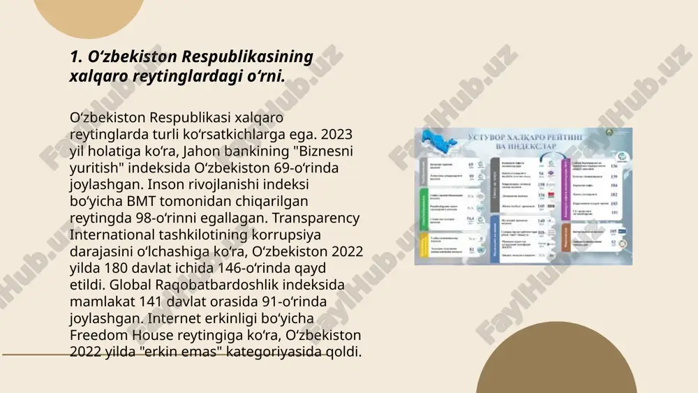 qayta tiklanuvchi energiya reytingida sezilarli o‘sishga erishdi. renewable energy country attractiveness index ma’lumotlariga ko‘ra, mamlakat 2022-yilda 37-o‘rinda bo‘lgan bo‘lsa, 2023-yilda 32-o‘ringa ko‘tarildi. o‘zbekiston quyosh va shamol energiyasini rivojlantirishda jadal harakat qilmoqda. 2023-yilda 3,000 megavattdan ziyod quyosh energiyasi loyihalari va 2,000 megavatt shamol energiyasi loyihalari amalga oshirildi. mamlakatning 2030-yilga borib qayta tiklanuvchi energiya ulushini 25% ga yetkazish maqsadi bor. shu davr mobaynida 1,77 milliard dollarlik investitsiya jalb qilindi. ushbu yutuqlar mamlakatning barqaror energiya sektoridagi mavqeini sezilarli darajada yaxshiladi. o‘zbekiston respublikasining xalqaro reyting va indekslardagi o‘rni va nufuzini ortib borishi qurbonboyev odilbek omonboy oʻgʻli e'tiboringiz uchun raxmat! image1.png image2.png image3.png image4.jfif image5.png image6.jfif