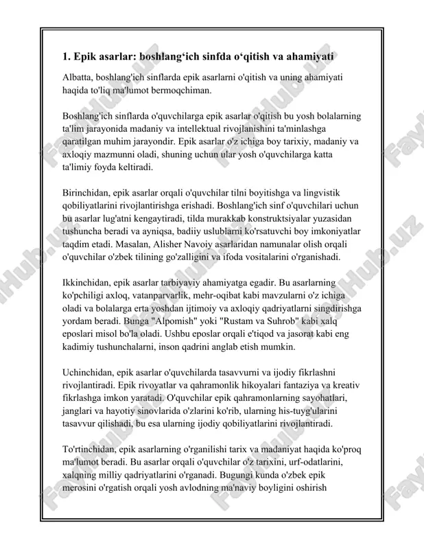 arlar tanlovi boshlang‘ich sinf o‘quvchilari uchun epik asarlar tanlovi mavzusiga oid axborotlar quyida keltirilgan. epik asarlar tanlovlari boshlang‘ich sinf o‘quvchilari uchun turli xil madaniy va ta'limiy maqsadlar uchun o‘tkaziladi. bunday tanlovlar maqsadi bolalarni milliy va xalqaro adabiyot asarlariga qiziqtirish, ularning tasavvur va ijodiy qobiliyatlarini rivojlantirish, shuningdek, nutq va til mahoratini oshirishga ko‘maklashishdir. bunday faoliyatlar bolalar uchun adabiyotga muhabbatni shakllantirish va ularga taklif etilgan asarlarning mohiyatini yaxshiroq anglash imkoniyatini beradi. 1. **tanlov formati**: - boshlang‘ich sinf o‘quvchilari uchun epik asarlar tanlovlari odatda o‘qish, hikoya qilish va drama ijrosi shaklida o‘tkaziladi. - tanlov ishtirokchilari odatda 1-sinfdan 4-sinfgacha bo‘lgan o‘quvchilar hisoblanadi. - tanlovga taqdim etiladigan asarlar qisqa hikoyalar, dostonlardan iborat bo‘ladi, chunki ular yosh bolalar uchun mos keladi. 2. **tanlovning maqsadi va ahamiyati**: - epik asarlar orqali bolalarga qadriyatlar, madaniyatlararo aloqa va adabiy meros tushuntiriladi. - yosh avlodni milliy o‘tmish bilan tanishtirish va ularni yaxshi insoniy fazilatlar tomon yo‘naltirish maqsadiga xizmat qiladi. - …
