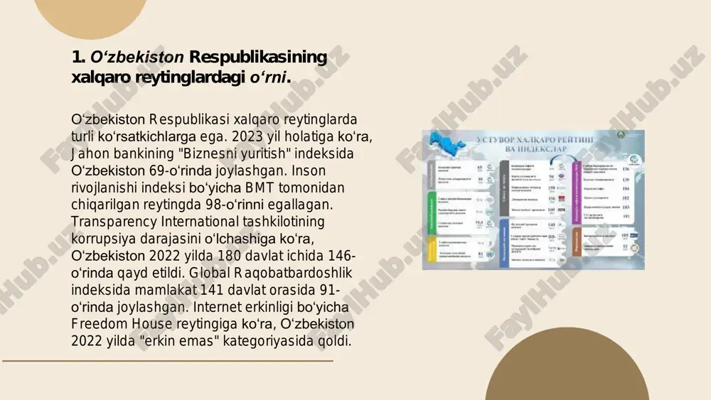 ston qayta tiklanuvchi energiya reytingida sezilarli o‘sishga erishdi. renewable energy country attractiveness index ma’lumotlariga ko‘ra, mamlakat 2022-yilda 37-o‘rinda bo‘lgan bo‘lsa, 2023- yilda 32-o‘ringa ko‘tarildi. o‘zbekiston quyosh va shamol energiyasini rivojlantirishda jadal harakat qilmoqda. 2023-yilda 3,000 megavattdan ziyod quyosh energiyasi loyihalari va 2,000 megavatt shamol energiyasi loyihalari amalga oshirildi. mamlakatning 2030-yilga borib qayta tiklanuvchi energiya ulushini 25% ga yetkazish maqsadi bor. shu davr mobaynida 1,77 milliard dollarlik investitsiya jalb qilindi. ushbu yutuqlar mamlakatning barqaror energiya sektoridagi mavqeini sezilarli darajada yaxshiladi. o‘zbekiston respublikasining xalqaro reyting va indekslardagi o‘rni va nufuzini ortib borishi qurbonboyev odilbek omonboy oʻgʻli e'tiboringiz uchun raxmat!