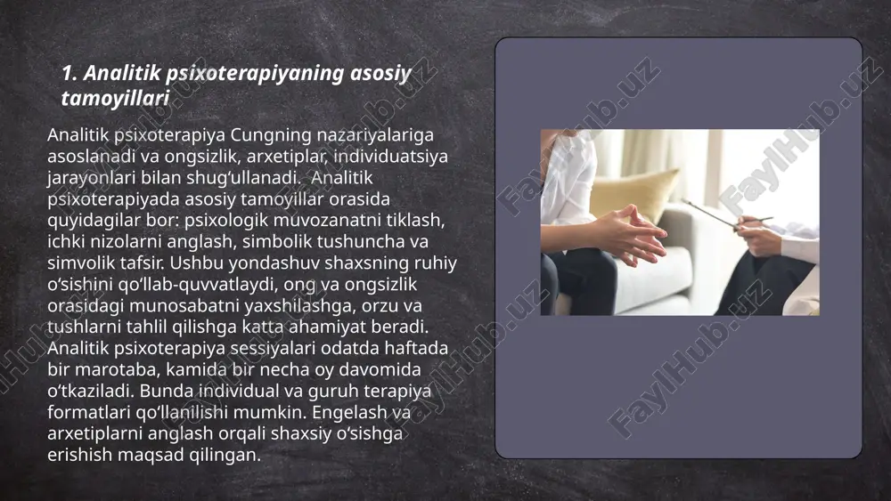 iyada ular tafsir qilinib, bemor psixikasida yashirin ma'nolarni topishga yordam beradi. ... t.me/slaydai_bot gestalt psixologiyasida shaxsiyat nazariyasi individning barcha hissiyot, idrok, tafakkur va xulq-atvorlari bir butun tizim sifatida ko'rinishini ta'kidlaydi. ushbu nazariya odamning psixologik jarayonlarini ularning alohida qismlaridan ko'ra, butunlikda tahlil qilish muhimligini urg'ulaydi. kurt koffka, wolfgang köhler va max wertheimer kabi olimlar bu yondashuvning asoschilari hisoblanadi. gestalt psixologiyasi "butunlik" prinsipi bilan alohida ajralib turadi, bunda inson harakatlari va hissiyotlarini ajralmas bir butunlik sifatida ko'rsatadi. ushbu nazariya individning o'zini o'zi tushunishi va boshdan kechirayotgan tajribalarni qabul qilishi orqali shaxsiyatning shakllanishiga katta e'tibor qaratadi. ... t.me/slaydai_bot 7. freyd va analitik psixoterapiya usullari freyd psixoterapiya usullari psixoanaliz asosida rivojlangan. u insonning ong osti jarayonlarini o'rganishga katta e'tibor qaratdi. freydning asosiy kontseptsiyalari orasida id, ego va superego tushunchalari mavjud. freyd intuitiv tushlar tahlili va erkin assotsiatsiya usullaridan foydalangan. keyinchalik, analitik psixoterapiya carl jung tomonidan rivojlantirildi va kengaytirildi. jungning analitik psixoterapiyasida arxetiplar va kollektiv …