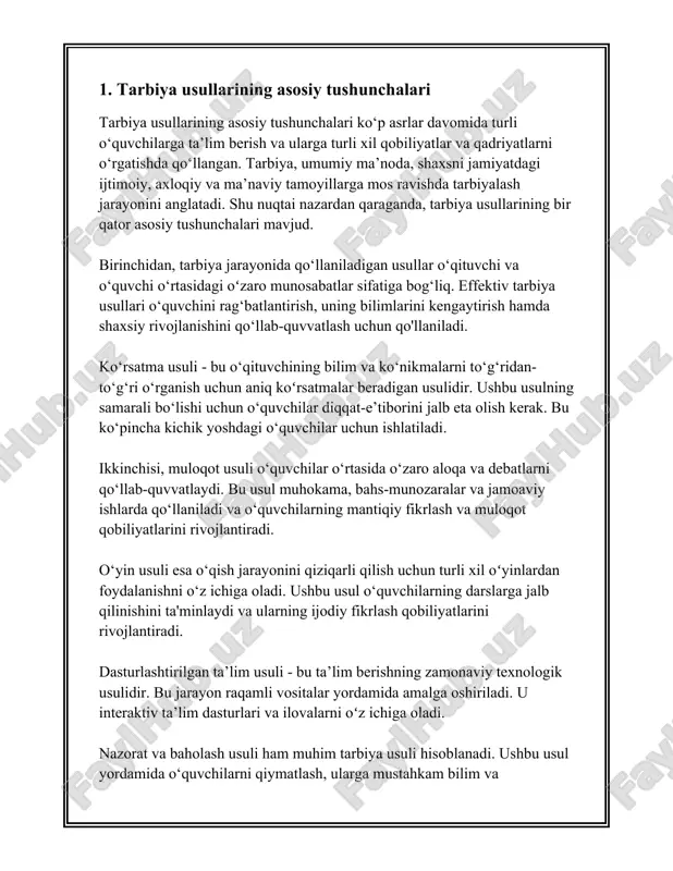 u insonning kamol topishi, ijtimoiy munosabatlarni rivojlantirishi va shaxsiyati shakllanishida katta ahamiyatga ega. tarbiya shakllarining tasniflanishi bir necha mezonlar asosida amalga oshiriladi va ularning har biri o'ziga xos vazifalarni bajaradi. birinchidan, tarbiya shakllarini mazmuni bo'yicha tasniflash mumkin. bu tasnifga ko'ra, tarbiya shakllari quyidagicha bo'lishi mumkin: 1. **ma'naviy-axloqiy tarbiya** – bu shaklda bolaning axloqiy qiyofasini shakllantirish, ma'naviy qadriyatlarni o‘zlashtirish va ularga amal qilish ko‘nikmalarini hosil qilishga yo'naltirilgan jarayon. 2. **aqliy tarbiya** – bu bola yoki yoshlarning intellektual rivojlanganligini oshirish, bilim darajasini kengaytirish, aqliy qobiliyatlarni rivojlantirishga qaratilgan tarbiya turi. 3. **jismoniy tarbiya** – sog‘lom turmush tarzini shakllantirish, jismoniy sog‘lik va chidamlilikni ta’minlash maqsadida olib boriladigan jarayon. 4. **estetik tarbiya** – bu san'atni, tabiat go'zalligini tushunish va ulardan zavqlanish ko'nikmalarini rivojlantirishga qaratilgan tarbiya. 5. **mehnat tarbiyasi** – mehnat qilish ko'nikmalarini shakllantirish, mehnatsevarlikni rag'batlantirish va uni jamiyatning rivojlanishidagi ahamiyatini anglash. ikkinchidan, tarbiyaviy jarayonni tashkil etish shakllari bo‘yicha tasniflash. bu tasnif quyidagi turi ajratiladi: 1. …