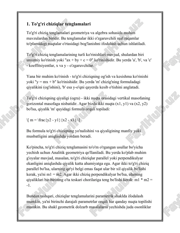 va \( l_2: a_2x + b_2y = c_2 \), berilgan bo'lsin. ular kesishishi shartini quyidagicha ifodalashimiz mumkin: - agar determinant \( \delta = a_1b_2 - a_2b_1 \) nolga teng bo'lmasa (\( \delta \neq 0 \)), unda chiziqlar bir-birini bitta nuqtada kesib o'tadi. bu nuqta chiziqlar sistemasi uchun yagona yechim bo'ladi. kesishish nuqtasini aniqlash uchun quyidagi yo'lni tanlash mumkin: - ya’ni \( \delta \neq 0 \) bo'lsa, quyidagi ketma-ketlik yordamida x va y qiymatlarini topish mumkin: \[ x = \frac{c_1b_2 - c_2b_1}{a_1b_2 - a_2b_1} \] \[ y = \frac{a_1c_2 - a_2c_1}{a_1b_2 - a_2b_1} \] ushbu formulalar determinantning har xil arifmetik kombinatsiyasidan hosil bo'lgan bo’lib, ular ikki chiziq tenglamasining kesish nuqtasini topishga imkon beradi. chiziqning qaysi yulduzdan o’tishini aniqlash juda muhim, asosan amaliy sohalarda bu muammoni echishga yo'naltirilgan ko'plab usullar mavjud. masalan, transport sektorida ikki poyezdning yo'nalishlari kesishishini oldindan bilish muhim, chunki bu xavfsizlik bilan bog'liq bo'lishi mumkin. shuni esda tutish kerakki, …