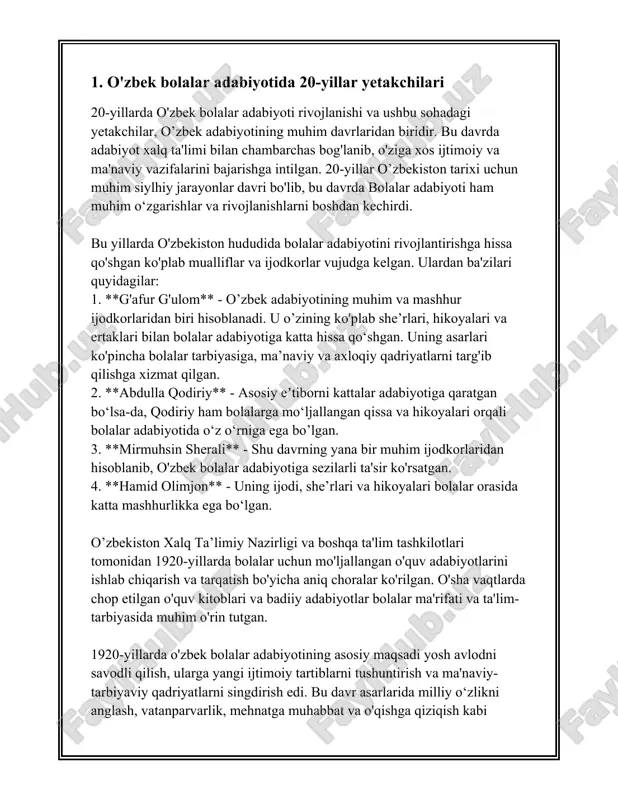 mehnatsevarlik kabi qadriyatlarni singdirishga intildilar. ushbu mavzular bolalarni jamiyatning foydali a'zolari sifatida tarbiyalashni maqsad qilgan. 2. **vatanparvarlik va milliy ong**: bu davrda vatanparvarlik, milliy ongni rivojlantirishga yo‘naltirilgan asarlar ko‘paydi. bolalarga o‘zbekistonning tarixiy merosi, qadriyatlari, milliy urf-odatlarni o‘rgatuvchi asarlar muhim o‘rin tutdi. vatan sevgisi, milliy identitetni shakllantirish bolalar adabiyotining asosiy vazifalaridan birovi sifatida qaraldi. 3. **ilm-fan va texnika yutuqlari**: 20-yillarning bolalar adabiyotida ilm-fan va texnikaning rivojlanishi bilan bog‘liq mavzular ham o‘rin oldi. o‘quvchilarga zamonaviy texnika yutuqlarini, ilm-fan yangiliklarini sodda va qiziqarli uslubda yetkazish maqsad qilindi. bolalarda fanga qiziqish uyg‘otish, bilimdonlikka intilishni shakllantirishga intilindi. 4. **tabiatga mehr-muhabbat**: bolalarni tabiatni sevishga, uni asrab-avaylashga, ekologik ongni rivojlantirishga yo‘naltirilgan asarlar ham muhim mavzulardan biri edi. bu asarlar orqali bolalarda tabiatga mehr, hayvonot va o‘simliklar dunyosiga qiziqish, tabiat resurslarini ehtiyot qilish hissi uyg‘otildi. 5. **muxandislik va kasbga yo‘naltirish**: bolalarni kelajakda to‘g‘ri kasb tanlashga yo‘naltirish, ularni mehnatga rag‘batlantirish bo‘yicha asarlar ham 20-yillarda dolzarb mavzulardan biri edi. muhandislik, …