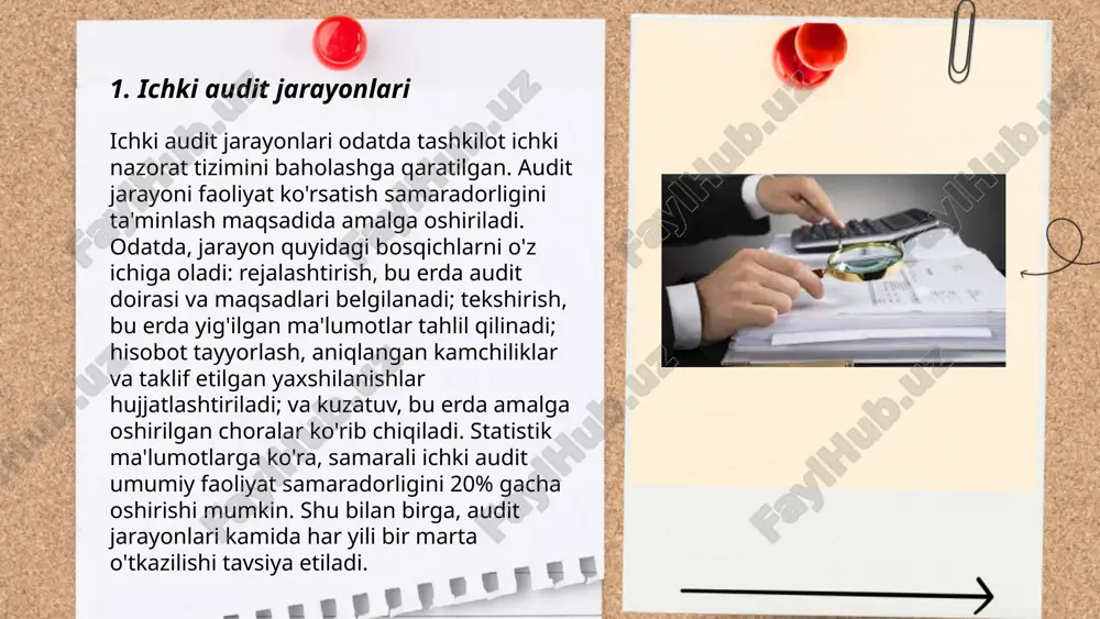 aniqlikni oshirishga xizmat qiladi. ... t.me/slaydai_bot ichki nazorat tizimlari tashkilotlarda moliyaviy va operativ jarayonlar ustidan nazoratni kuchaytirish uchun yaratiladi. ushbu tizimlar xatoliklarni boshqarish, firibgarlikning oldini olish hamda moliyaviy hisobotlarning aniq va haqqoniy bo‘lishini ta’minlashga xizmat qiladi. masalan, ichki audit bo‘limlari 80% tashkilotlarda mavjud bo‘lib, ular yillik audit rejalarining 75% dan ortig‘ini bajaradi. ichki nazorat tizimlari tufayli xatarlar 50% ga kamayishi mumkin. samarali tizimlar bilan ishlab chiqilgan tashkilotlarda xatoliklarning aniqlanishi 60% ga tezlashadi. bu jarayonlar axborot texnologiyalari orqali avtomatlashtirilganda, mehnat samaradorligi 30% ga oshadi. ... t.me/slaydai_bot 7. uchinchi tomon xavflari uchinchi tomon xavflari ko'pincha kiberxavfsizlik va ma'lumotlarni himoya qilish sohalarida muhim ahamiyatga ega. 2023-yilgacha, global miqyosda uchinchi tomon orqali yo'qolgan ma'lumotlar soni 50% ga oshgan. statistik ma'lumotlarga ko'ra, kompaniyalarning 60% dan ortig'i uchinchi tomon provayderlari sababli xavfsizlikka duch keladi. ma'lumotlarga ko'ra, o'rtacha har bir bunday hujum kompaniyalarga $4,24 million atrofida zarar yetkazadi. tahlillar shuni ko'rsatadiki, tashkilotlarning 75% i uchinchi tomon xavfini …