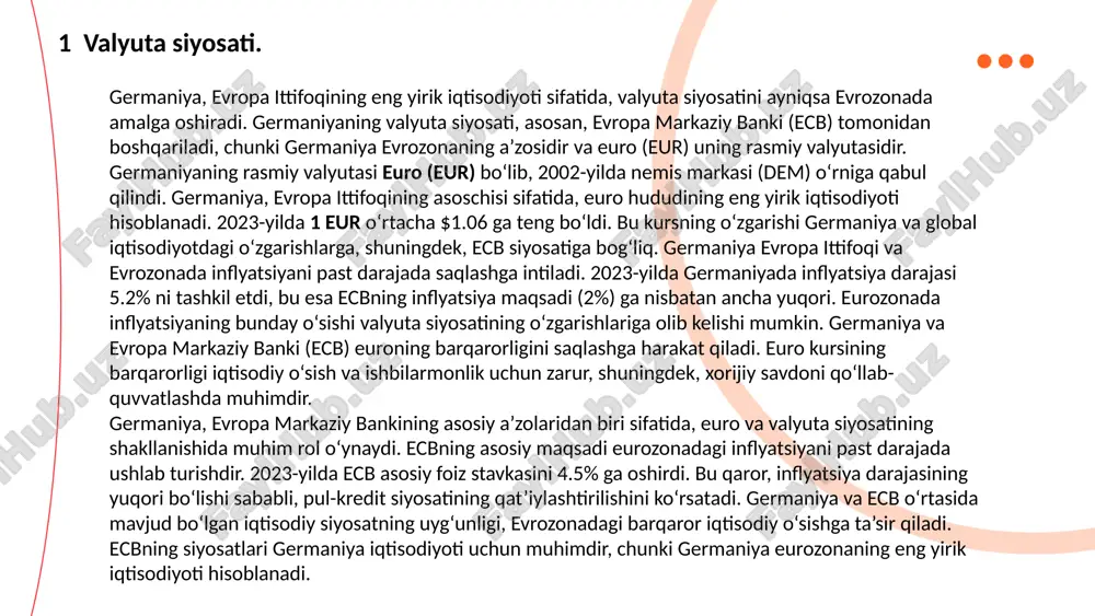 uchun turli iqtisodiy siyosatlar va foiz stavkalarini oshirishni davom ettirmoqda. 2024-yil uchun inflyatsiya prognozlari 3-4% atrofida bo‘lishi kutilmoqda. ... t.me/slaydai_bot to'lov balansi iqtisodiy faoliyatda mamlakatning xorijiy savdo, investitsiyalar va boshqa xalqaro moliyaviy operatsiyalarini ko'rsatuvchi muhim iqtisodiy ko'rsatkichdir. germaniya evropa ittifoqining eng yirik iqtisodiyoti sifatida, to'lov balansining aktiv holatida bo'lishi bilan mashhur. germaniyaning to'lov balansi, asosan eksport va import, to'g'ridan-to'g'ri xorijiy investitsiyalar, va boshqa moliyaviy oqimlar bilan bog'liq. 2023-yilning 3-choragida germaniya to'lov balansining faoliyati + 11.6 milliard evro bo'ldi. bu ko'rsatkich, asosan germaniyaning eksport hajmining ortishi va xorijiy investitsiyalar oqimining barqarorligi natijasida o'sdi. germaniya 2023-yilning yanvar-sentabr oylarida 1.5 trillion evro miqdorida eksport amalga oshirdi, import esa 1.3 trillion evroni tashkil etdi. bu savdo balansi bo'yicha germaniya 200 milliard evrodan ortiq aktivni qo‘lga kiritdi. germaniyaning xorijiy investitsiya oqimlari 2023-yilning boshidan boshlab +50 milliard evroga oshgan. germaniya iqtisodiyotiga xarici investitsiyalar asosan sanoat, texnologiyalar va energiya sektorlariga qaratilgan. germaniyaning savdo balansi, asosan eksportning yuqori …