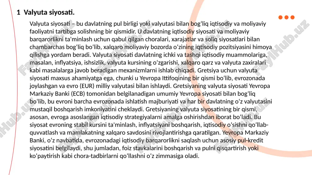 mlanadi. to‘lov balansi ikki asosiy qismdan iborat: hisob-kitoblar va moliyaviy balans. mamlakatning to‘lov balansining saldosi, ya'ni ortiqcha yoki kamaygan summa, davlatning iqtisodiy holatini va xalqaro bozor bilan aloqalarini ko‘rsatadi. gretsiya uchun to‘lov balansi juda muhim ko‘rsatkichdir, chunki u iqtisodiy o‘sishning barqarorligini, tashqi qarzlarni va eksport-import faoliyatini tahlil qilishda asosiy manba bo‘lib xizmat qiladi. gretsiya yevropa ittifoqiga a'zo bo‘lganidan keyin to‘lov balansining asosiy tarkibiy qismlari — eksport, import, to‘lovlar va kapital oqimlari — yevropa va global iqtisodiy integratsiya jarayonlariga yanada yaqinlashdi. to‘lov balansidagi o‘zgarishlar gretsiya iqtisodiyoti uchun katta ahamiyatga ega, chunki u mamlakatning xalqaro qarzini va iqtisodiy mustaqilligini ta'sir qiladi. 3 to‘lov balansi. ... t.me/slaydai_bot fond bozori — bu moliyaviy aktivlar, masalan, aksiyalar, obligatsiyalar, va boshqa qimmatli qog‘ozlar sotib olish va sotish uchun tashkil etilgan bozor bo‘lib, u iqtisodiy tizimning muhim tarkibiy qismini tashkil etadi. fond bozori iqtisodiy o‘sishni qo‘llab-quvvatlash, kompaniyalarni moliyaviy manbalar bilan ta'minlash, investorlar uchun daromad olish imkoniyatlarini yaratish …