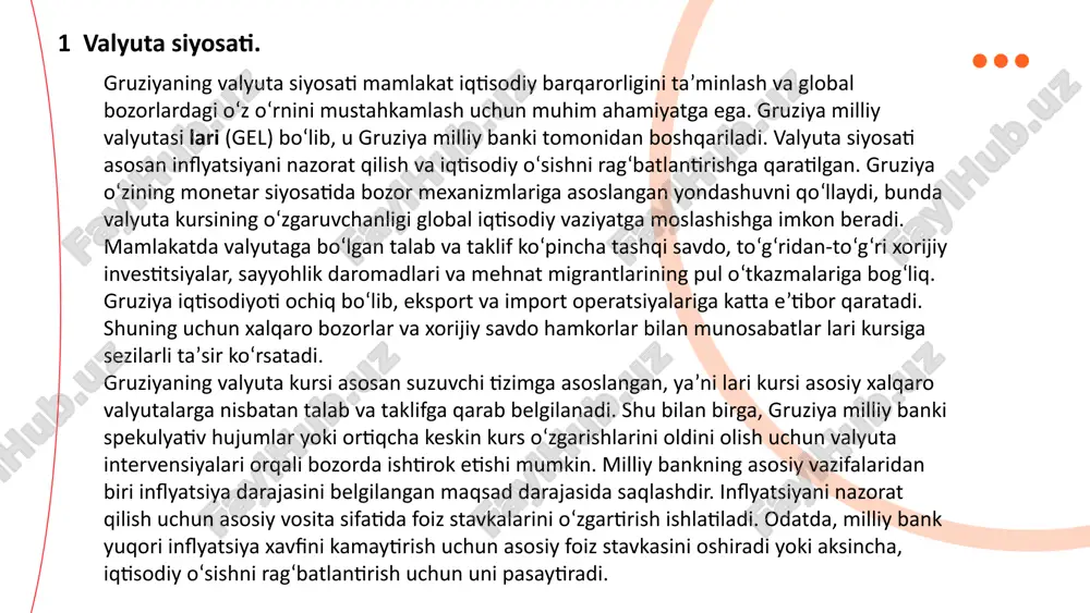 hini o‘z ichiga oladi. kapital hisob esa, asosan, investitsiyalar, qarzlar va boshqa moliyaviy operatsiyalarni aks ettiradi. kapital hisobda to‘lovlar va kirimlar ko‘rsatiladi, bu esa mamlakatning kapital pozitsiyasini va moliyaviy oqimlarini tahlil qilish imkonini beradi. to‘lov balansi iqtisodiy faoliyatning umumiy ko‘rinishini taqdim etadi, bu esa davlatlarga xorijiy iqtisodiy aloqalarni rivojlantirish, resurslarni samarali taqsimlash va moliyaviy barqarorlikni ta'minlashda yordam beradi. agar to‘lov balansi ijobiy bo‘lsa, mamlakatning valyuta zaxiralari oshadi va uning moliyaviy holati yaxshilanadi. aksincha, agar balans salbiy bo‘lsa, mamlakatga valyuta yetishmasligi, tashqi qarzlar o‘sishi yoki boshqa iqtisodiy muammolar yuzaga kelishi mumkin. 3 to‘lov balansi. ... t.me/slaydai_bot fond bozori – bu moliyaviy aktivlar, masalan, aksiyalar, obligatsiyalar, investitsiya fondlari va boshqa moliyaviy instrumentlar savdosi amalga oshiriladigan bozor tizimidir. bu bozor iqtisodiyotni qo‘llab-quvvatlashda, kapitalni yig‘ish va taqsimlashda muhim rol o‘ynaydi. fond bozori ikki asosiy bo‘limga bo‘linadi: birlamchi bozor va ikkilamchi bozor. birlamchi bozor, yoki boshlang‘ich fond bozori, yangi chiqarilgan aksiyalar va obligatsiyalarni sotish uchun …