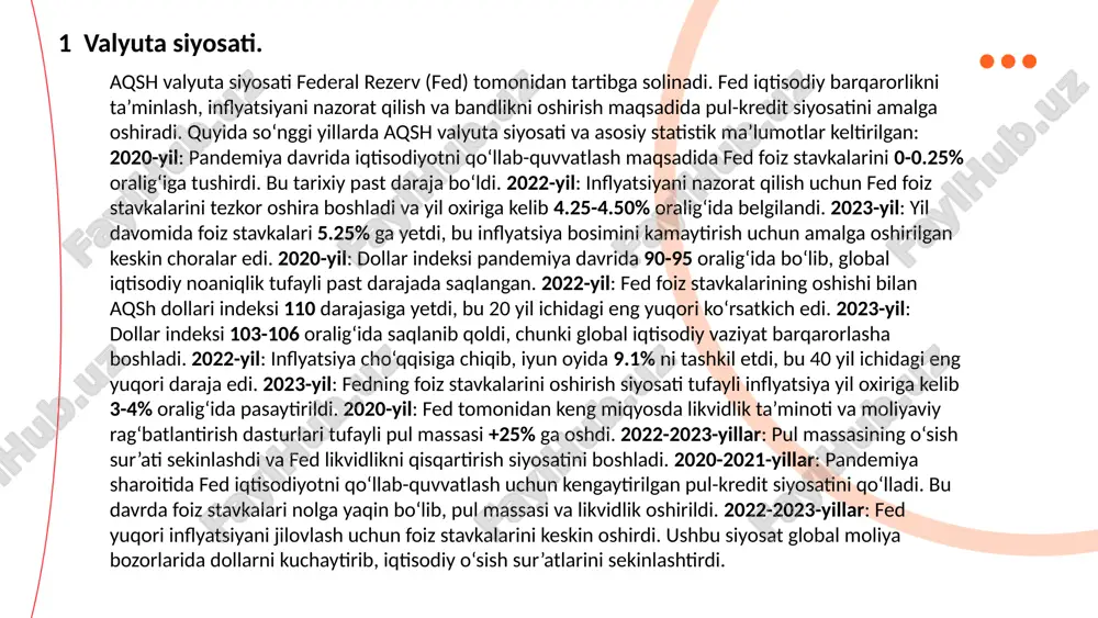 v balansi mamlakatning boshqa davlatlar bilan olib borgan iqtisodiy operatsiyalari, xususan, eksport, import, investitsiyalar va boshqa moliyaviy oqimlar bo‘yicha balansini ifodalaydi. aqsh to‘lov balansida savdo balansi (tovar va xizmatlar) hamda kapital oqimlari asosiy tarkibiy qismlardir. quyida oxirgi yillardagi statistik ma’lumotlar foiz va sonlar bilan taqdim etilgan. asosiy eksport mahsulotlari: samolyotlar, qishloq xo‘jaligi mahsulotlari, avtomobil qismlari va texnologiya. aqsh tovarlar bo‘yicha tanqislikni xizmatlar bo‘yicha ortiqcha bilan qisman muvozanatlashtiradi. asosiy sohalar: sayyohlik, intellektual mulk huquqlari, moliyaviy xizmatlar. xizmatlar bo‘yicha sof ortiqcha: +$288 milliard 2020-yil: to‘lov balansining joriy hisobi -$647 milliard (yalpi ichki mahsulotning 3.1% i). 2021-yil: to‘lov balansining joriy hisobi -$821 milliard (yimning 3.6% i). 2022-yil: to‘lov balansining joriy hisobi -$943 milliard (yimning 3.7% i). 3 to‘lov balansi. ... t.me/slaydai_bot aqsh fond bozori dunyodagi eng yirik va faol bozorlar qatoriga kiradi. uning asosiy ko‘rsatkichlari, jumladan, kapitalizatsiya, savdo hajmi, va indekslarning dinamikasi, global iqtisodiyotga kuchli ta’sir ko‘rsatadi. quyida aqsh fond bozori bilan bog‘liq …