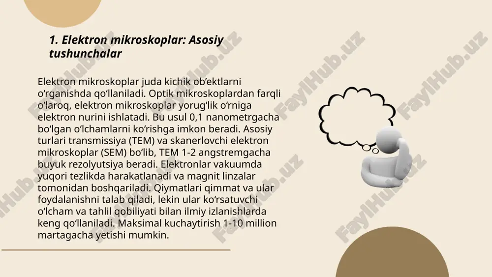 an, mitoxondriyalar, ribosomlar va boshqa organellalar ko'rinadi. sem esa hujayraning tashqi yuzasi va strukturasi haqida ma'lumot beradi. elektron mikroskoplardan foydalanish hujayra biologiyasi, patologiya va biotexnologiyada keng qo'llaniladi. ... t.me/slaydai_bot elektron mikroskoplar tibbiyotda patologik hujayra va to‘qimalarni chuqur tadqiq qilish uchun ishlatiladi. ular yordamida viruslar, bakteriyalar va mikroskopik tuzilmalarni aniqlash imkoniyati mavjud. rezolyutsiyasi 0,1 nanometrgacha yetib boradi, bu esa oddiy optik mikroskoplardan ming marta ko'proq aniqlik beradi. bu moslamalar 1931-yilda max knoll va ernst ruska tomonidan ixtiro qilingan. elektron mikroskoplar turli kasalliklar, masalan, saraton va infeksion kasalliklar diagnostikasida qo'llaniladi. shuningdek, bu mikroskoplar tibbiy tadqiqotlarda hujayra ichidagi o‘zgarishlar, antibody va dori ta'sirini o‘rganishda muhim ahamiyatga ega. buning evaziga davolash jarayonlarini yanada samarali qilish mumkin. ... t.me/slaydai_bot 7. viruslarni o‘rganishda tem va sem ning roli viruslarni o‘rganishda tem (transmissiyon elektron mikroskopiyasi) va sem (sirt elektron mikroskopiyasi) muhim vositalardir. tem viruslarning ichki tuzilmasini yuqori aniqlikda, atom darajasigacha o‘rganishni ta’minlaydi. bu mikroskopiya yordamida virusning kapsidi, …