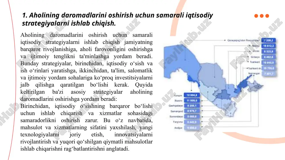 qish orqali iqtisodiy o‘sish, ijtimoiy tenglik, yangi ish o‘rinlarini yaratish va ijtimoiy barqarorlikni ta'minlash mumkin. bularning barchasi jamiyatning uzoq muddatli va barqaror rivojlanishiga olib keladi, aholi farovonligini oshiradi va iqtisodiy barqarorlikni ta'minlaydi. ... t.me/slaydai_bot 2. ijtimoiy himoya tizimlarini kuchaytirish va eng zaif guruhlarga yordam berish. ijtimoiy himoya tizimlarini kuchaytirish va eng zaif guruhlarga yordam berish jamiyatdagi ijtimoiy tenglikni ta'minlash, iqtisodiy noqulayliklar bilan kurashish va odamlarning asosiy ehtiyojlarini qondirish uchun zarurdir. ijtimoiy himoya tizimi davlatning ijtimoiy muhofaza choralarini tashkil etuvchi, iqtisodiy va ijtimoiy muammolarni bartaraf etishda muhim vositadir. ushbu tizimni kuchaytirish va eng zaif guruhlarga yordam berishning bir nechta muhim yo‘nalishlari mavjud. ... t.me/slaydai_bot birincisi, davlat tomonidan ijtimoiy yordam dasturlarini kengaytirish. ijtimoiy himoya tizimlarining samarali ishlashi uchun, davlat tomonidan past daromadli oilalar, nogironlar, qariyalar, beva va yolg‘iz keksalar, o‘quvchilar va talabalar kabi zaif guruhlarga mo‘ljallangan yordam dasturlari tashkil etilishi kerak. bu dasturlar orqali sog‘liqni saqlash, ta'lim, uy-joy ta'minoti, yuridik yordam kabi …