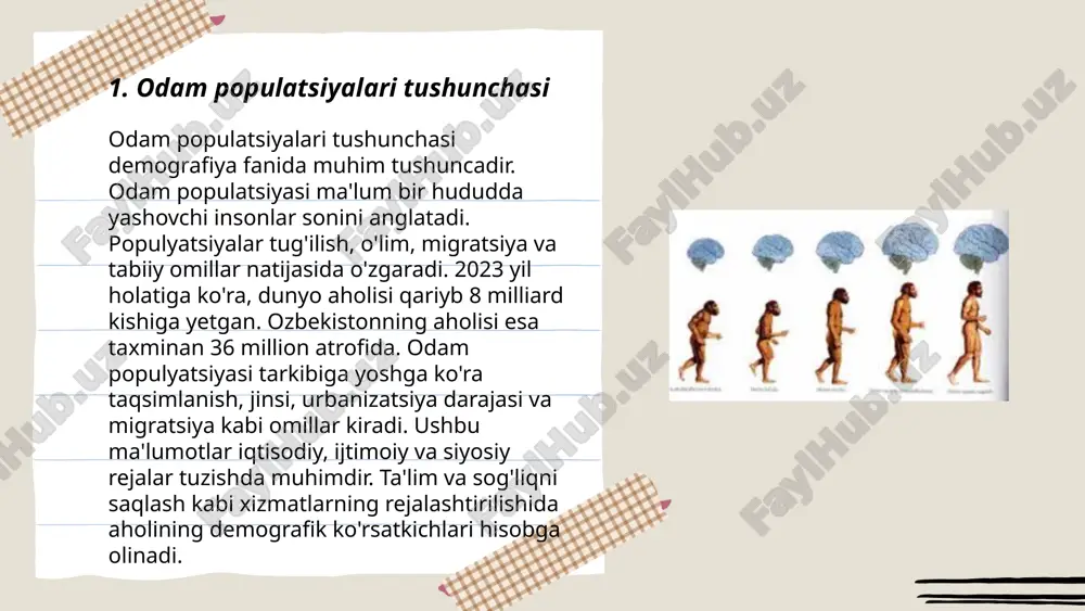 oshirishi mumkin. masalan, gavayi orollari va galapagos arxipelagida turli xildagi noyob turlar shakllangan. ushbu jarayonda vaqt, masofa va to'siqlar turlarning evolyutsiyasi va diversifikatsiyasida muhim rol o'ynaydi. geografik izolyatsiya biologik tadqiqotlar uchun ham muhim ahamiyatga ega. ... t.me/slaydai_bot reproduktiv izolyatsiya bu turli biologik turlar orasida ko'payishni cheklovchi mexanizmlarni tavsiflaydi. u ikkita asosiy turga bo'linadi: prezigotik va postzigotik izolyatsiya. prezigotik izolyatsiya urug'lanishni to'xtatadi, bular orasida geografik, ekologik, etologik omillar bo'lishi mumkin. postzigotik izolyatsiya esa naslning yashovchanligini yoki unumdorligini kamaytiradi. masalan, ot va eshakning duragay bo'lib, ularning mul tinglog’i unumdor emas, bu esa postzigotik izolyatsiya misollaridan biri sanaladi. bu biologik kontseptsiya evolyusiyaning asosiy jarayoni bo'lib, turlarni ajralib chiqishiga yordam beradi. ... t.me/slaydai_bot 7. odam populatsiyalaridagi genetik xilma-xillik inson populatsiyalaridagi genetik xilma-xillik evolyutsion jarayonlar va geografik ajralishlar natijasida shakllangan. har bir individning dnksi taxminan 3 milliard nukleotid juftidan tashkil topgan bo‘lib, ular orasida uchraydigan o‘zgarishlar genetik xilma-xillikni yuzaga keltiradi. jahon bo‘ylab inson genomi orasida …