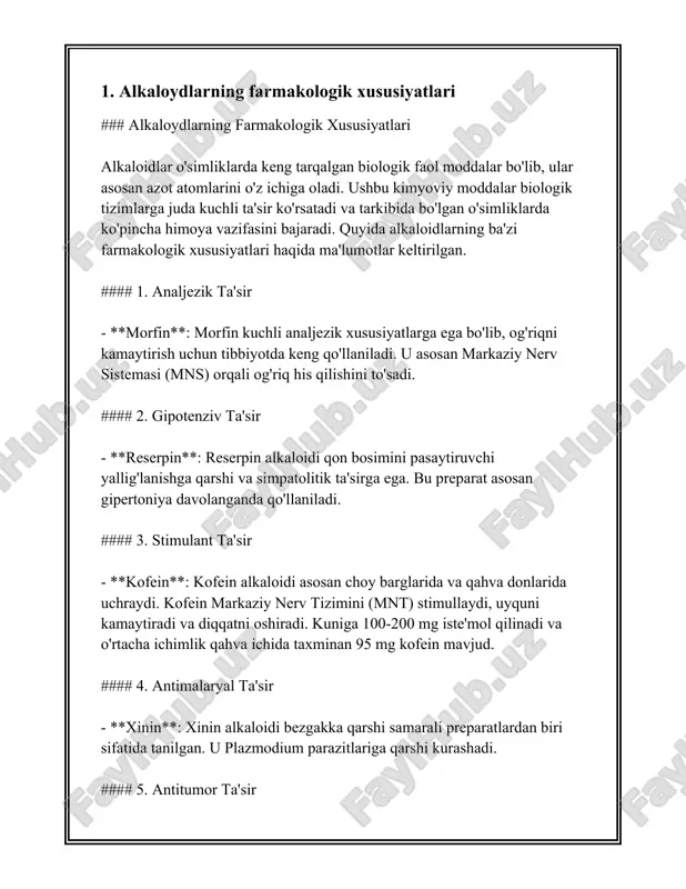 ar uchun bu kimyoviy moddalarni yanada chuqurroq o'rganish va ulardan yangi dori vositalari ishlab chiqish imkoniyatini beradi. 2. alkaloydli dorivor o'simliklar tarixi alkaloidli dorivor o'simliklar tarixi ming yillar davomida insoniyatning tibbiy amaliyotlarida muhim rol o'ynagan. ushbu o'simliklardan olingan alkaloidlar ko'pgina kasalliklarni davolashda qo'llanilgan va bugungi kunda ham farmatsevtika sanoatida muhim ahamiyatga ega. birinchi marta alkaloidlar atamasi 1819-yilda nemis kimyogari karl fridrix vilhelm meissner tomonidan kiritilgan. alkaloidlar tabiatda keng tarqalgan bo'lib, asosan o'simliklardan olingan va ular murakkab kimyoviy birikmalar guruhiga kiradi. ular asosan azot atomlari mavjudligi bilan ajralib turadi. o'tmishda ko'plab madaniyatlar alkaloidli o'simliklar bilan ishlashgan. misol uchun, qadimgi mesopotamiya davriga oid manbalarda opiydan olingan morfin haqida ma'lumotlar topilgan. misr xonliklarida esa opiy ishlatilganligi haqida yozmalar mavjud. olib borilgan arxeologik qazishma ishlari misrdagi faraon maqbaralaridan opiy izlarini topishga yordam berdi, bu esa ushbu moddalar qadim zamonlardan qanday ishlatilganligini ko'rsatadi. hindistonda esa an'anaviy ayurveda tibbiyotida alkaloidli o'simliklar uzoq muddatdan buyon ishlatilgan. ayurveda …